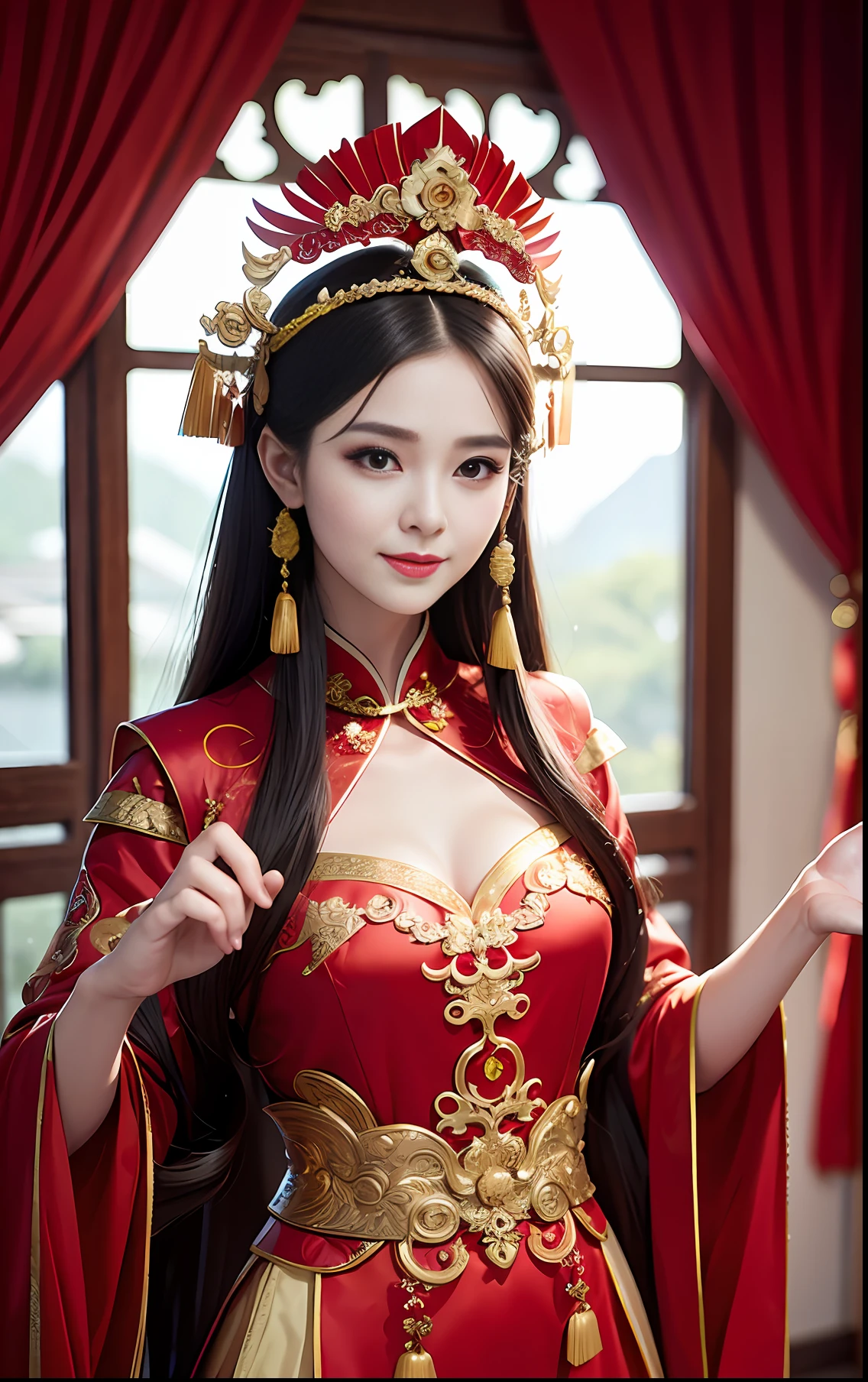 (8k, RAW Photo, Best Quality, Masterpiece: 1.2), (Realistic, Realistic: 1.37), 1 Girl, Aalfi Woman Posing for Photo in Red Dress and Headdress, Gorgeous Role Play, Beautiful Costume, Complex Fantasy Dress, Beautiful Fantasy Queen, Chinese Dress, Complex Dress, Complex Costume, Traditional Beauty, Gorgeous Chinese Model, Chinese Costume, Inspired by Lan Ying, Wearing Gorgeous Costume, Inspired by Puhua, wearing elegant Chinese Xiuhe dress, Chinese wedding dress, Phoenix crown Xia hand, antique bride, show dress, close-up, close-up, smile