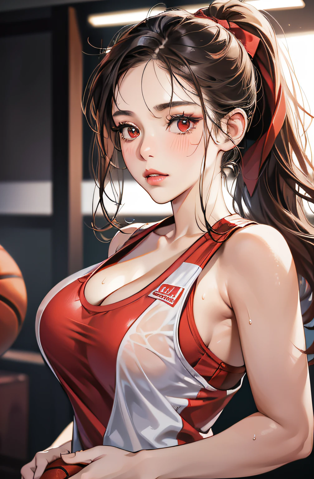 Masterpiece: 1.2, best quality), realistic, (real picture, rich details details, depth of field), (1girl, solo), makeup, cleft lip, high detail, perfect face shape, (big breasts: 1.4), (skindentation), thick thighs, wide buttocks, Thin waist, tall, coral, red lips, red eyes, ponytail (girl playing basketball, red basketball suit), (sweat: 1.2), (wet), sexy, blush --auto --s2