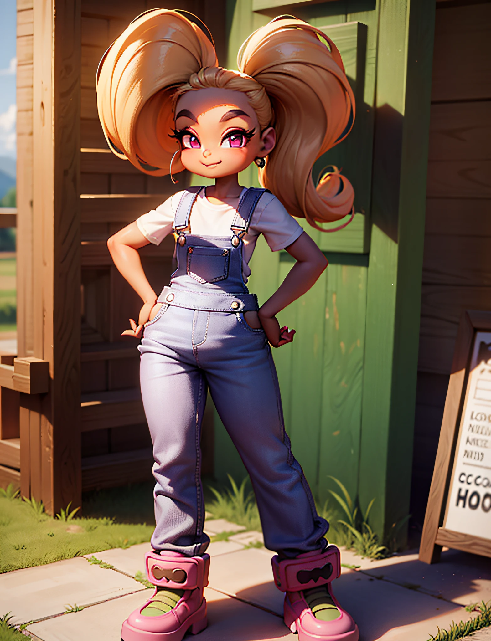 coco bandicoot, masterpiece, beautiful, white shirt, overalls, pink work boots, hands on hips, dirty, dirty clothes,