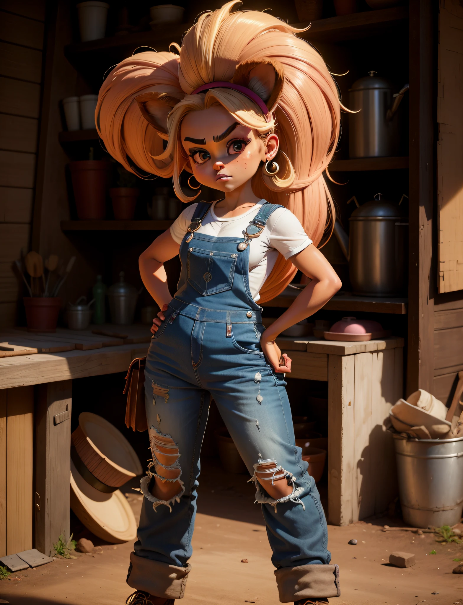 coco bandicoot, masterpiece, beautiful, white shirt, overalls, pink work boots, hands on hips, dirty, dirty clothes,