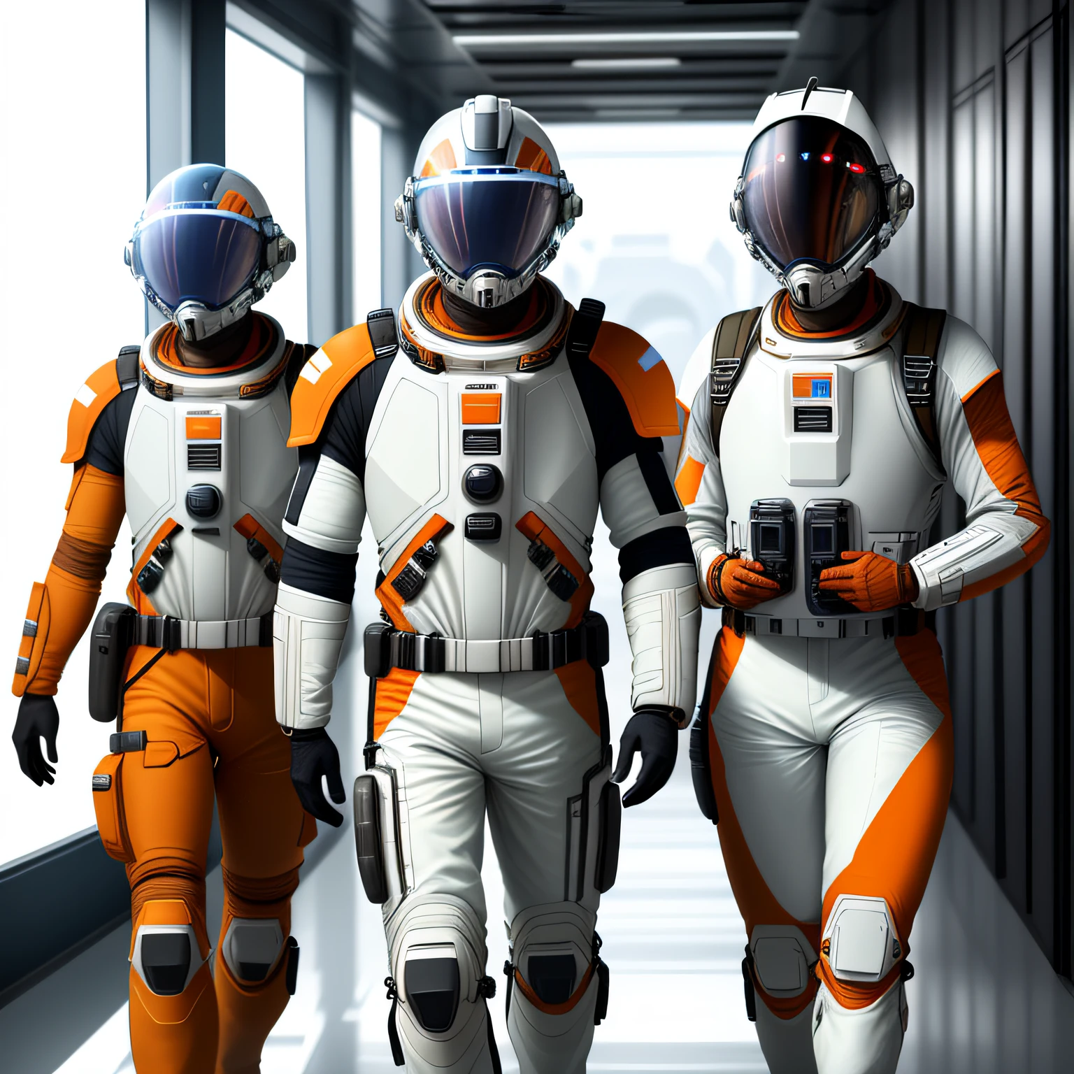 people in space suit, titan space suit, titan alloy, harness, engineer, no skin, spacesuit, space helmet, helmet, futuristic, visor, conceptual, modern, powered, full shot, in hallway, chest plate, oxygen tanks, orange, white, engineering gear, sci-fi, huge spacesuit, visor, non-transparent, large spacesuit, hyperrealistic, visor down, sun shield, very sharp adult face, armor, armored chest plate, in formatino