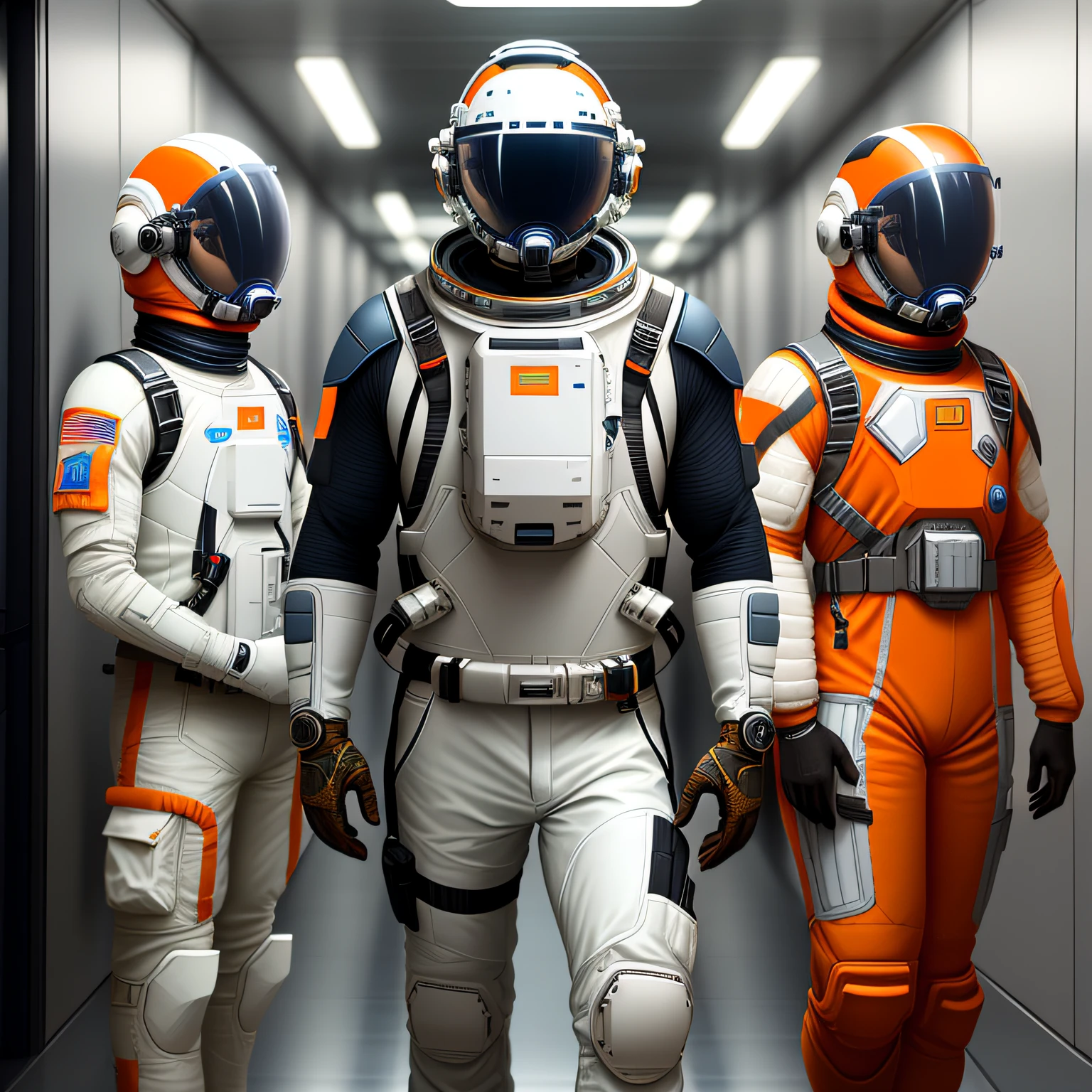 people in space suit, titan space suit, titan alloy, harness, engineer, no skin, spacesuit, space helmet, helmet, futuristic, visor, conceptual, modern, powered, full shot, in hallway, chest plate, oxygen tanks, orange, white, engineering gear, sci-fi, huge spacesuit, visor, non-transparent, large spacesuit, hyperrealistic, visor down, sun shield, very sharp adult face, armor, armored chest plate, in formatino