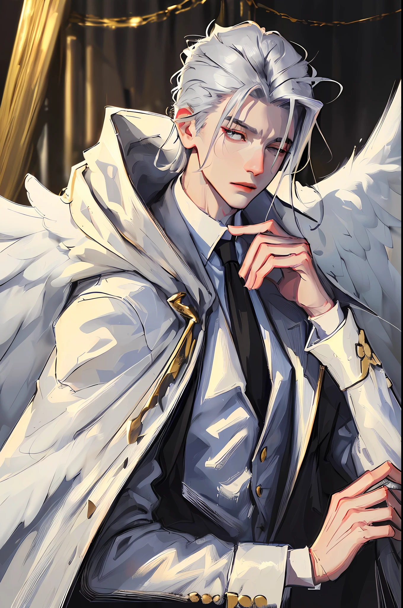Realistic artwork, male 1, gray hair color, short side parted hairstyle, white skin, a blindfold completely covering his eyes, a crucifix hanging from his neck, wearing a suit and tie, a gold ring on his index finger , angel wings on his head located on his ears, golden cloak, elegant black boots, an aura of light around him,