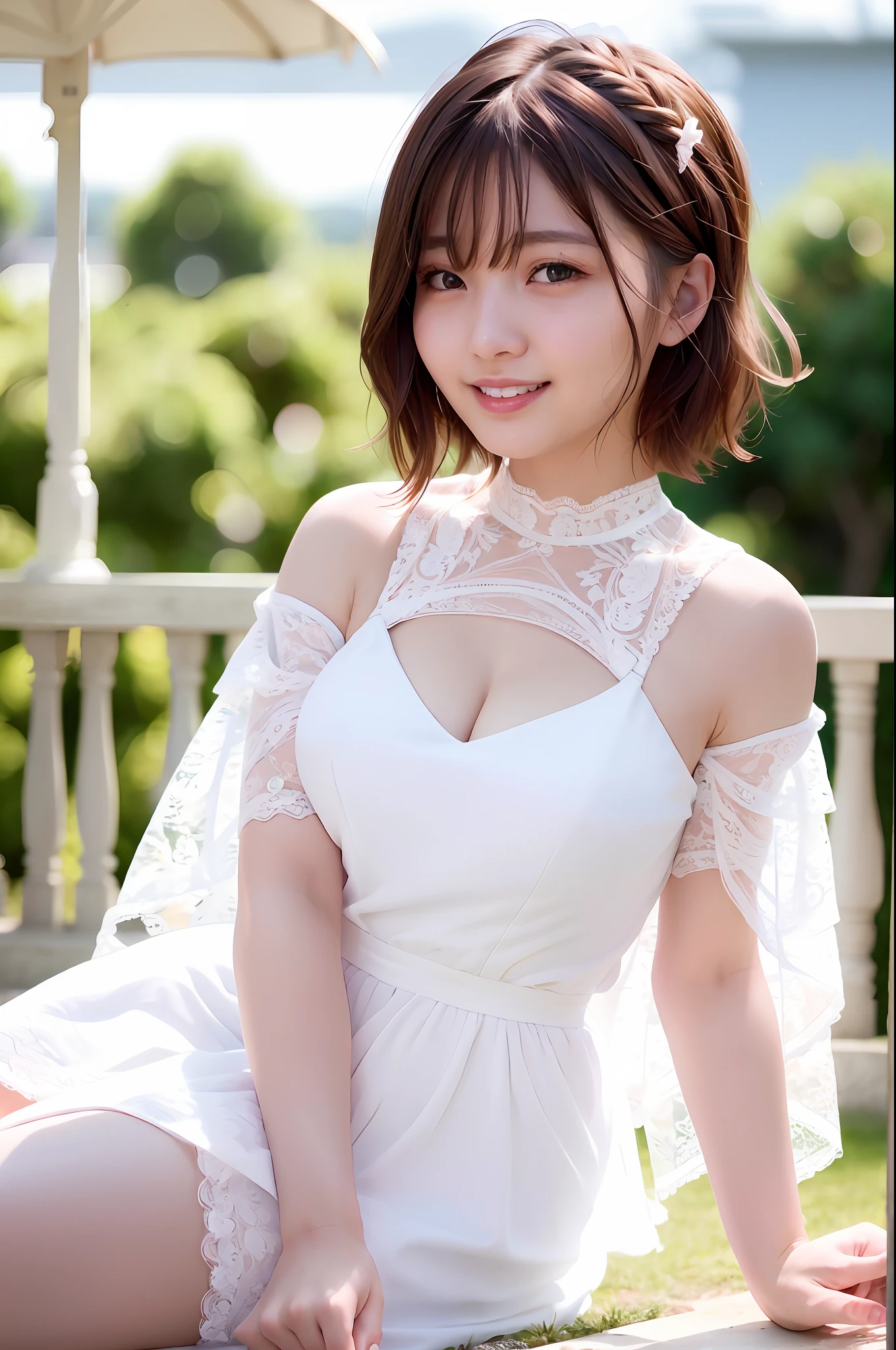Realistic, Best Quality, Photorealistic, Masterpiece, 8K, High Definition, Solo,1 Female, 25 Years Old, (((((Female)))), Highly Detailed Face, (Skin Spots:1.2), (Skin Dentation), Black Eyes, ((Viewers:1)), (Look at Camera), (Portrait: 0.6), (Sexy White Lace Prom Dress)))), Full Body, Thighs, Garter Stockings , ((Big breasts: 2.0)), (plump body), (short hair), brown hair, floating hair, braided hair, hair ornament, veil, lips, lipstick, eyelashes, moles, (moles under eyes: 1), seductive smile, open_mouth, teeth, fashionable and trendy atmosphere, (professional lighting, bokeh), (light particles, lens flares, glowing particles: 0.6), (dynamic poses: 1.3), soft lighting, garden prom, (daytime), sky,