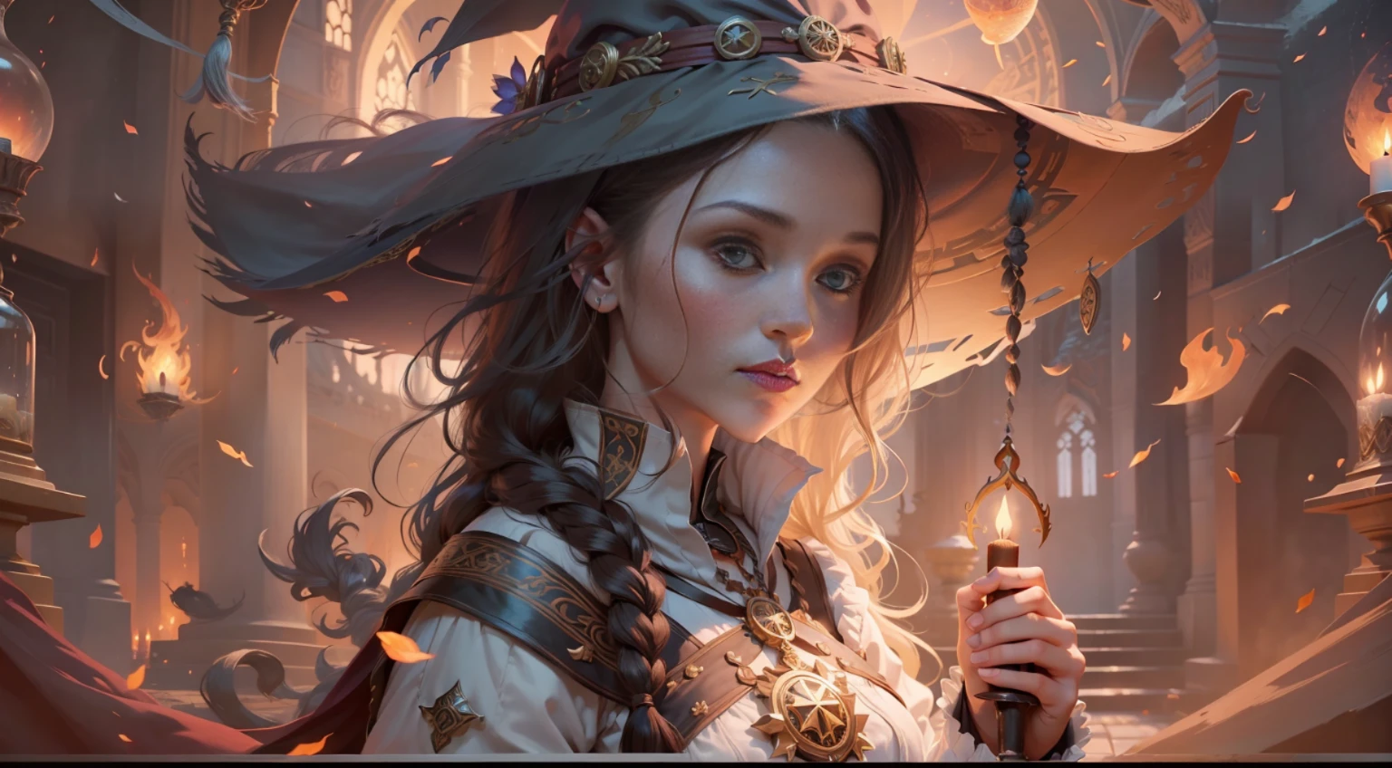 (1girl:1.3), solo, body parts, official art, unified 8k wallpaper, super detailed, beauty and aesthetics, beauty, masterpiece, best quality, fantastic atmosphere, calm color palette, peaceful mood, soft shadows, witch priestess, charm spell, amulet, witch duty, add the image of several female mages in the background, delicate facial features