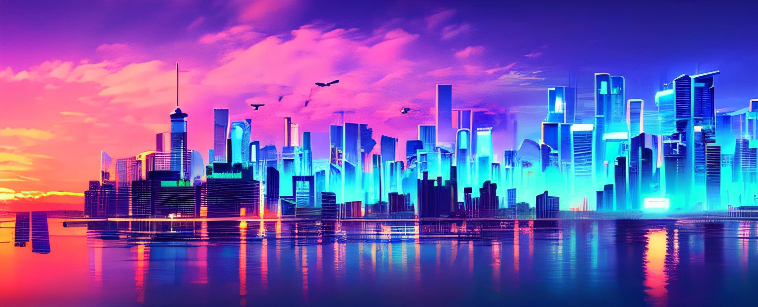 (masterpiece), advanced cyberpunk city, the sky is clear, the background is the sea, many buildings, a beautiful sunset, d perspective, decoration.