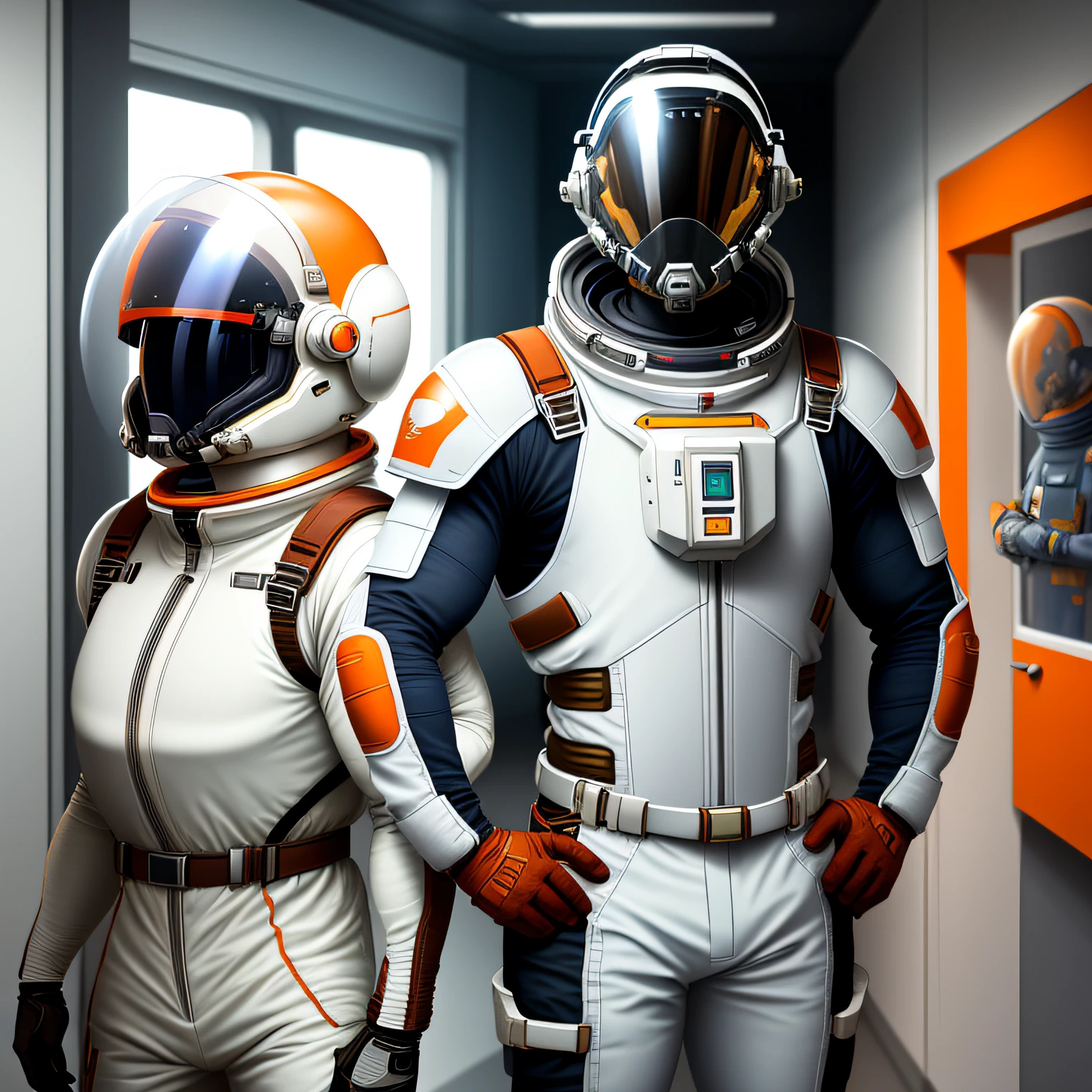 people in space suit, titan space suit, titan alloy, harness, engineer, no skin, spacesuit, space helmet, helmet, futuristic, visor, conceptual, modern, powered, full shot, in hallway, chest plate, oxygen tanks, orange, white, engineering gear, sci-fi, huge spacesuit, visor, non-transparent, large spacesuit, hyperrealistic, visor down, sun shield, very sharp adult face, armor, armored chest plate, in formatino