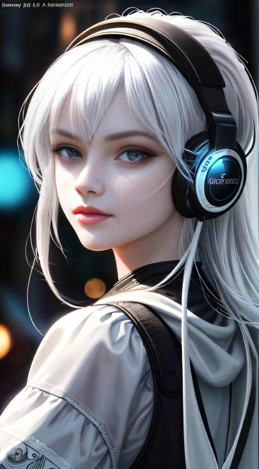 (masterpiece, finely detailed beautiful eyes: 1.2), (on the moon, space, looking back into earth), white hair, black tank top, volumetric lighting, white jacket, glowing headphone, cyberpunk, futuristic, multi-color eyes, detailed eyes, hyper detailed,light smile, highly detailed, beautiful, small details, ultra detailed, best quality, intricate, hyperrealism, sharp, digital illustration, detailed, realism, intricate, 4k, 8k, trending on artstation, good anatomy, beautiful lighting, award-winning, photorealistic, realistic shadows, realistic lighting, beautiful lighting, raytracing, intricate details, moody, rule of thirds, masterpiece, (illustration:1.1), highres, (extremely detailed CG, unity, 8k wallpaper:1.1), beautiful face, highly detailed face, ultra realistic, masterpiece, bokeh, extremely detailed, intricate, zoomout, colorful, vibrant colors, red nail polish, side view,.