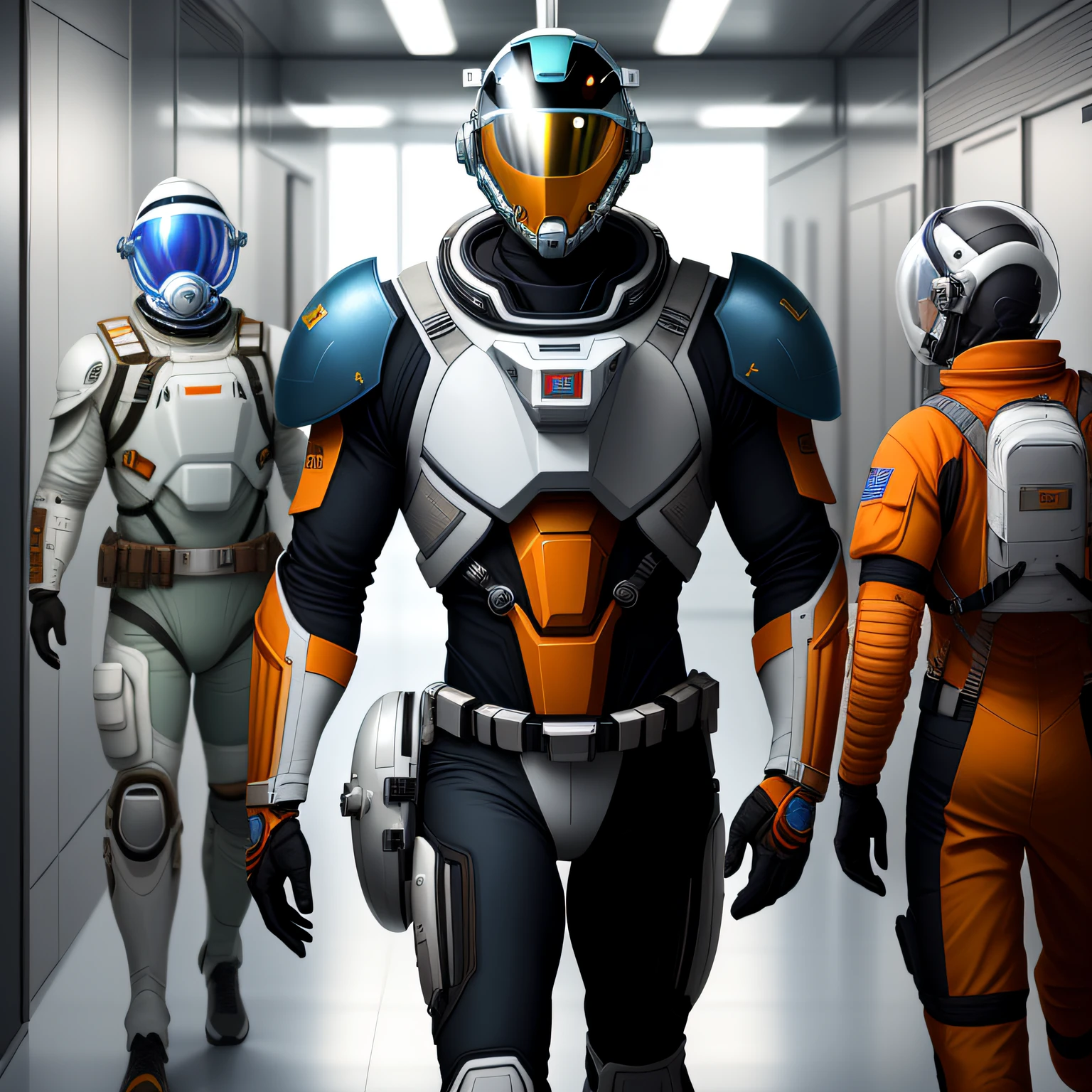 people in space suit, titan space suit, titan alloy, harness, engineer, no skin, spacesuit, space helmet, helmet, futuristic, visor, conceptual, modern, powered, full shot, in hallway, chest plate, oxygen tanks, orange, white, engineering gear, sci-fi, huge spacesuit, visor, non-transparent, large spacesuit, hyperrealistic, visor down, sun shield, very sharp adult face, armor, armored chest plate, in formatino