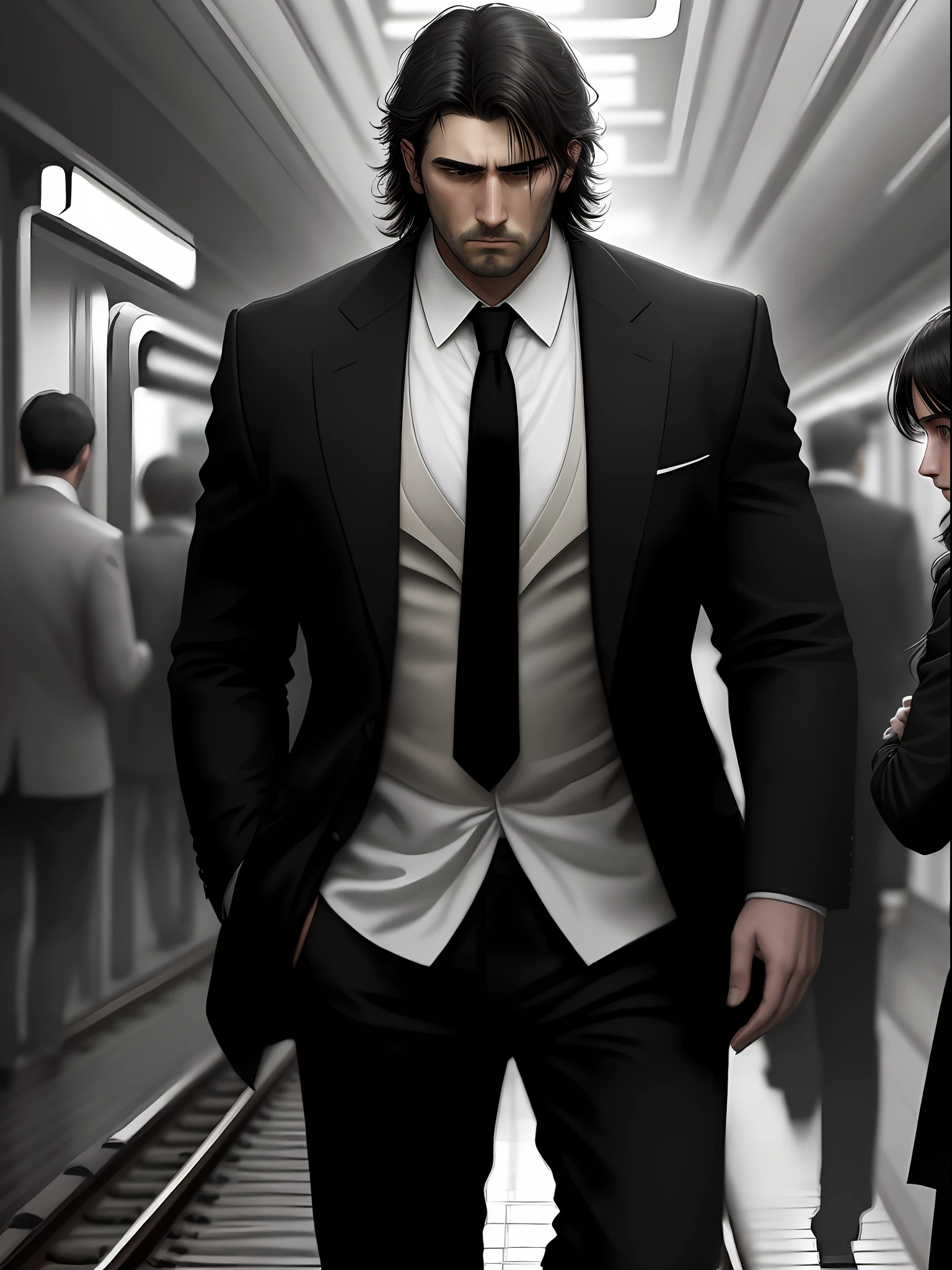 (Masterpiece, Best Quality, Ultra-detailed) Third-person view of a sad man with a serene, black-and-white countenance, walking toward the train tracks with a moving train in a station with many people ignoring him with a dark and mysterious atmosphere.