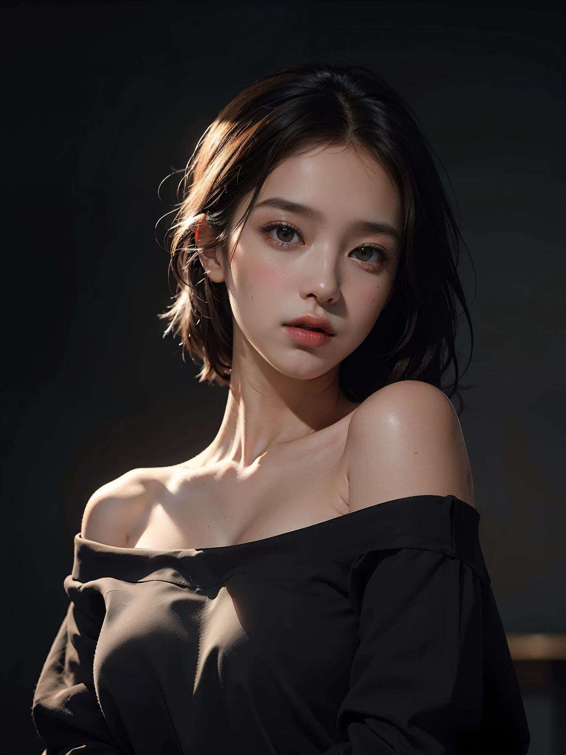 Best quality, masterpiece, ultra high res, (photorealistic:1.4), raw photo, 1girl, offshoulder, in the dark, deep shadow, low key, cold light