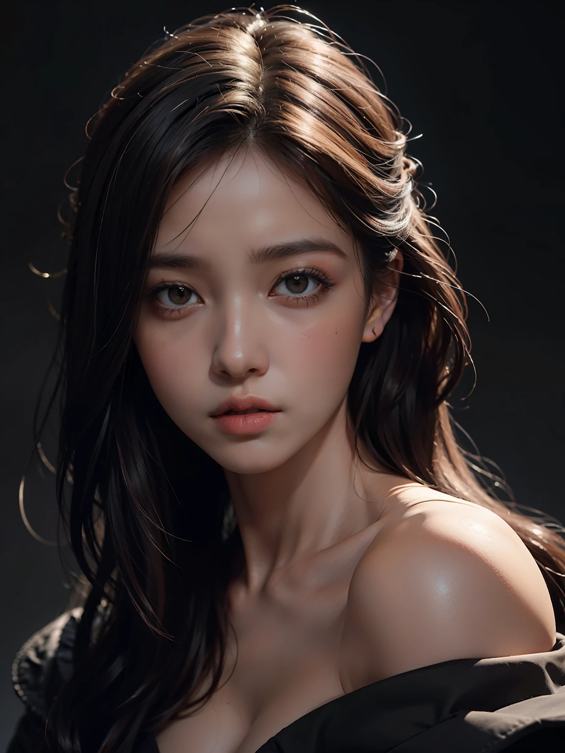 Best quality, masterpiece, ultra high res, (photorealistic:1.4), raw photo, 1girl, offshoulder, in the dark, deep shadow, low key, cold light