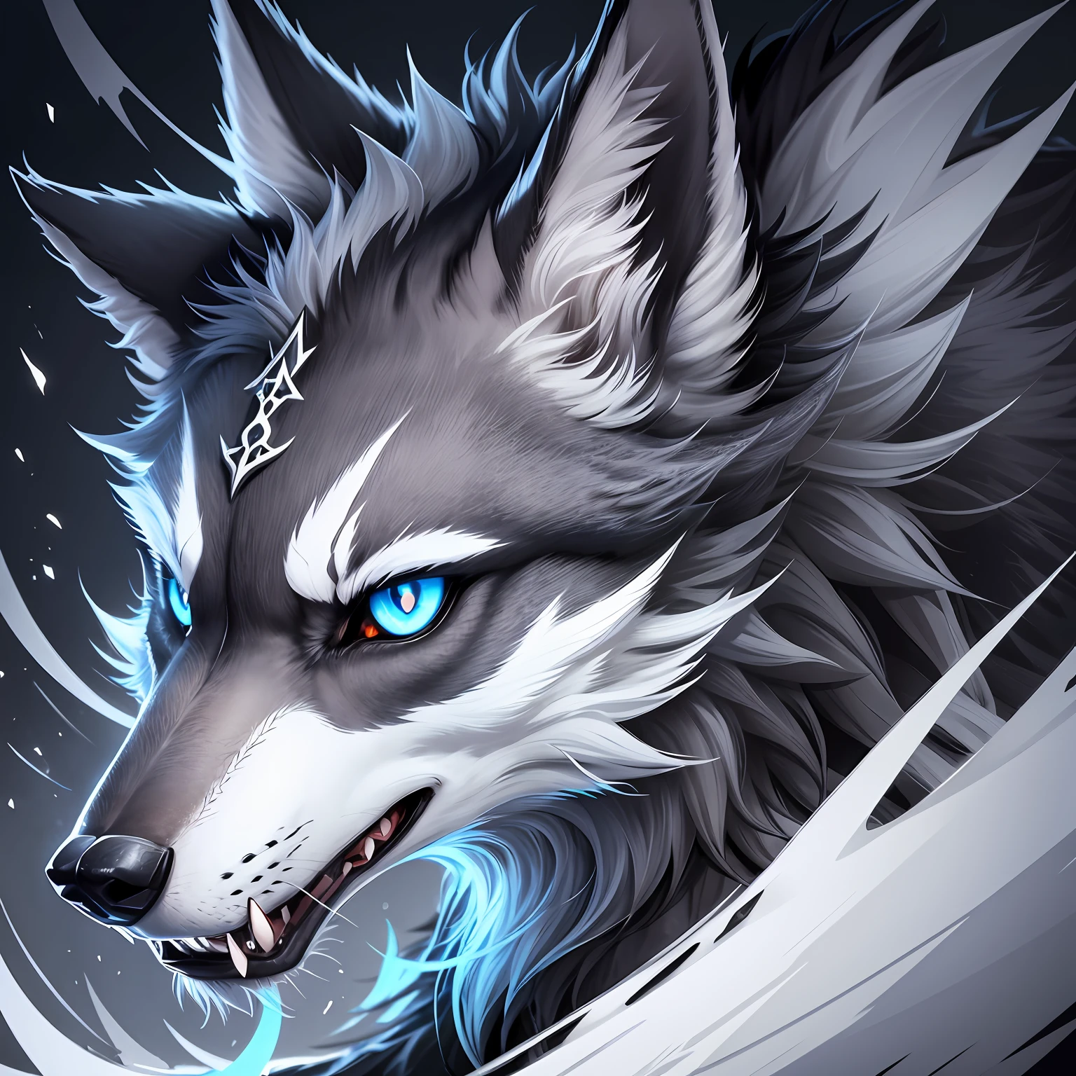 A satanic wolf, aggressive appearance, wild, brutal, centered, empty background, high detail, anime style, 2d, line art, black white and blue --auto --s2