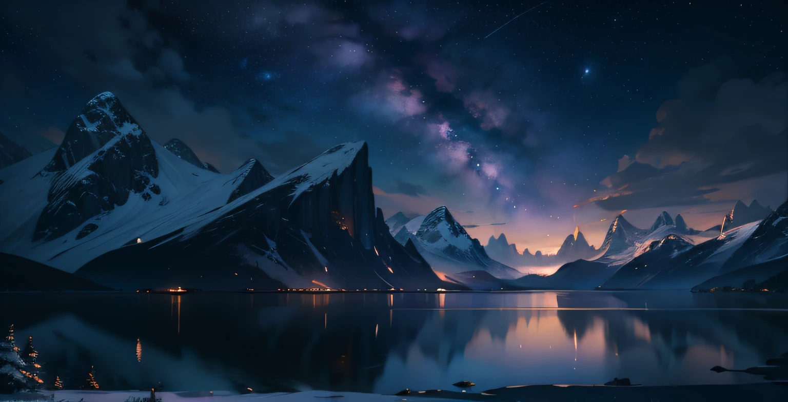 Starry Sky with Mountains and Lake, Jessica Rossier, Inspired by Jessica Rossier, Jessica Rossier Fantasy Art, Concept Art Magic Highlights, Official Artwork, Dream Painting, Ethereal Realm, Atmospheric artwork, dreamy matte paintings, serene endless stars inspired by Ted Nasmith, moonlit starry environments, epic music album covers.