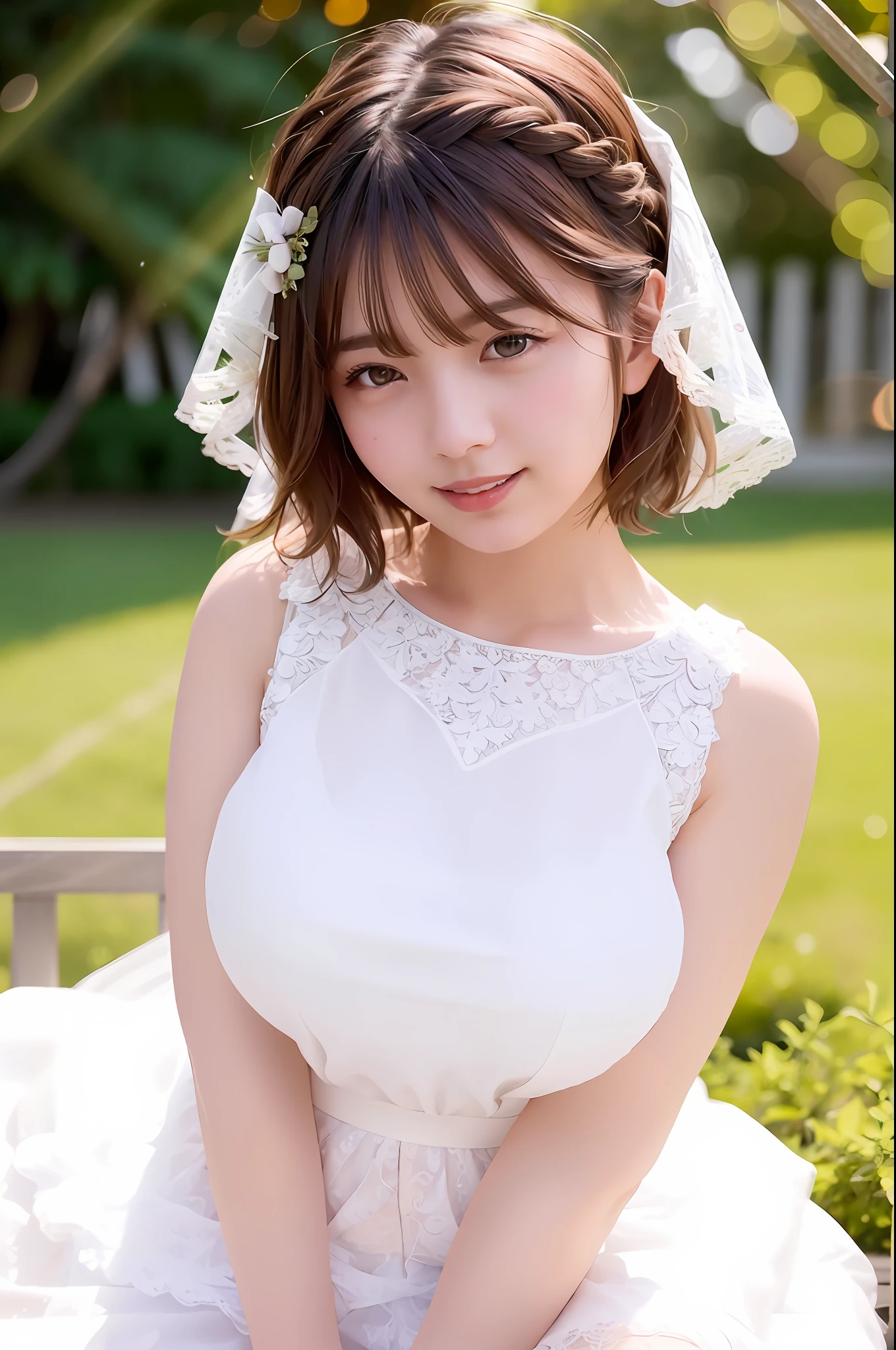 Realistic, Best Quality, Photorealistic, Masterpiece, 8K, High Definition, Solo,1 Female, 25 Years Old, ((((Female)))), Very Detailed Face, (Skin Spots:1.2), (Skin Dentation), Black Eyes, ((Viewers Watch:1)), (Look at Camera), (Portrait: 0.6), (Sexy White Lace Prom Dress))), Mini Skirt, Intricate Lace Embellishment, thighs, garter stockings, ((big breasts: 2.0)), (plump body), (short hair), brown hair, floating hair, braided hair, hair ornaments, veil with transparent tips, lips, lipstick, eyelashes, moles, (moles under the eyes: 1), seductive smile, open_mouth, teeth, fashionable and trendy atmosphere, (professional lighting, bokeh), (light particles, lens flares, glowing particles :0.6), (Dynamic Pause:1.3), Soft lighting, Garden Wedding, (Daytime), Sky,