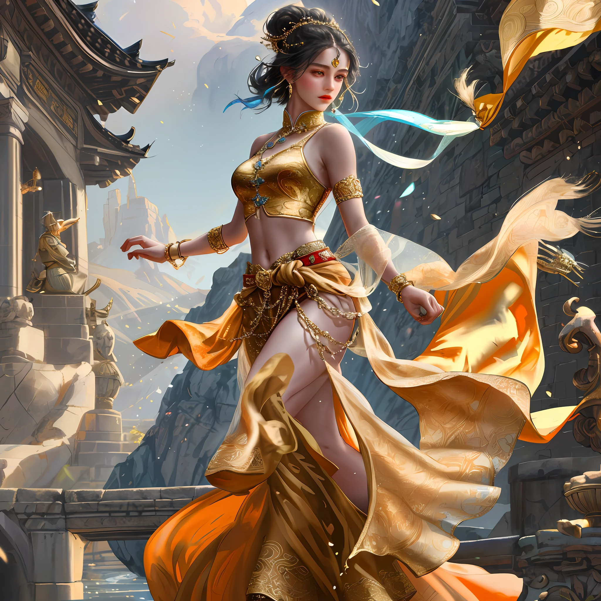 (8k, 4k, highest quality, masterpiece: 1.2), (high profile CG includes 8k wallpaper), (1 male: 1.5), Cute looking man, perfect looking man, Bodhisattva, Bodhisattva posture, man, gorgeous looking, red dot on forehead, pale skin, blush, big eyes, whole body, thighs, open navel, gold waist chain, gold jewelry, circular ribbon, flying ribbon, particles, Loulan ancient city background, ancient city wall, desert, dance, traditional Chinese dress with gorgeous costume, embroidered with intricate embroidery with transparent colorful streams tied around her flowing arms, showing her navel, bare shoulders, open neck with bread, flower hairpin, cuff tied with streams, ankle bracelets with metal chain tassels around the waist, art.