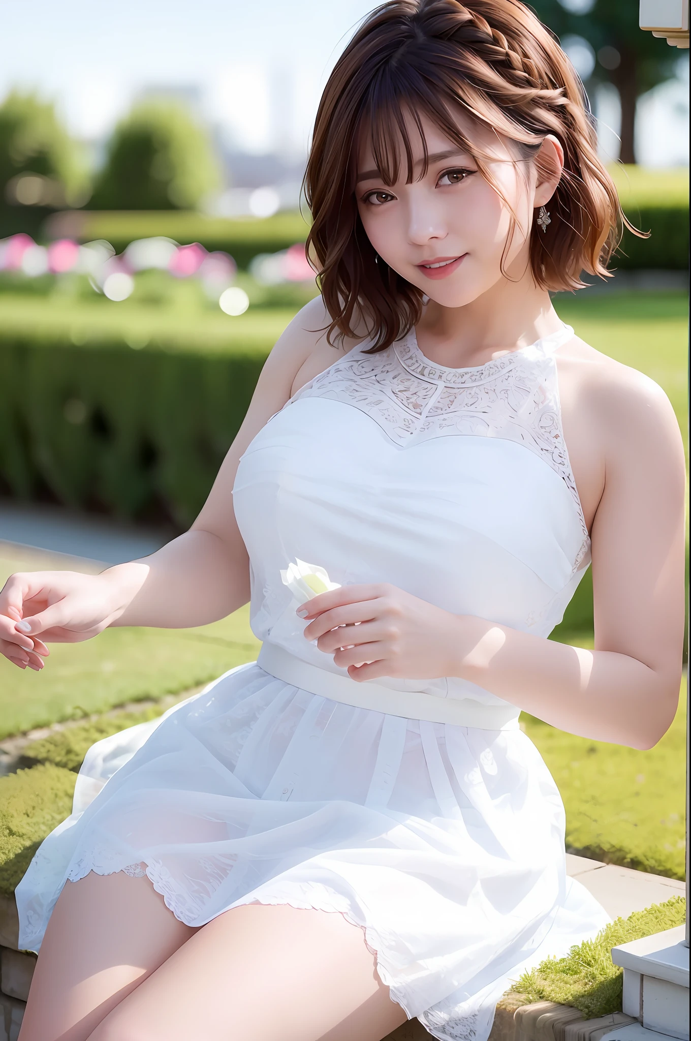 Realistic, Best Quality, Photorealistic, Masterpiece, 8K, High Definition, Solo,1 Female, 25 Years Old, ((((Female)))), Very Detailed Face, (Skin Spots:1.2), (Skin Dentation), Black Eyes, ((Viewers Watch:1)), (Look at Camera), (Portrait: 0.6), (Sexy White Lace Prom Dress))), Mini Skirt, Intricate Lace Embellishment, thighs, garter stockings, ((big breasts: 2.0)), (plump body), (short hair), brown hair, floating hair, braided hair, hair ornaments, veil with transparent tips, lips, lipstick, eyelashes, moles, (moles under the eyes: 1), seductive smile, open_mouth, teeth, fashionable and trendy atmosphere, (professional lighting, bokeh), (light particles, lens flares, glowing particles :0.6), (Dynamic Pause:1.3), Soft lighting, Garden Wedding, (Daytime), Sky,
