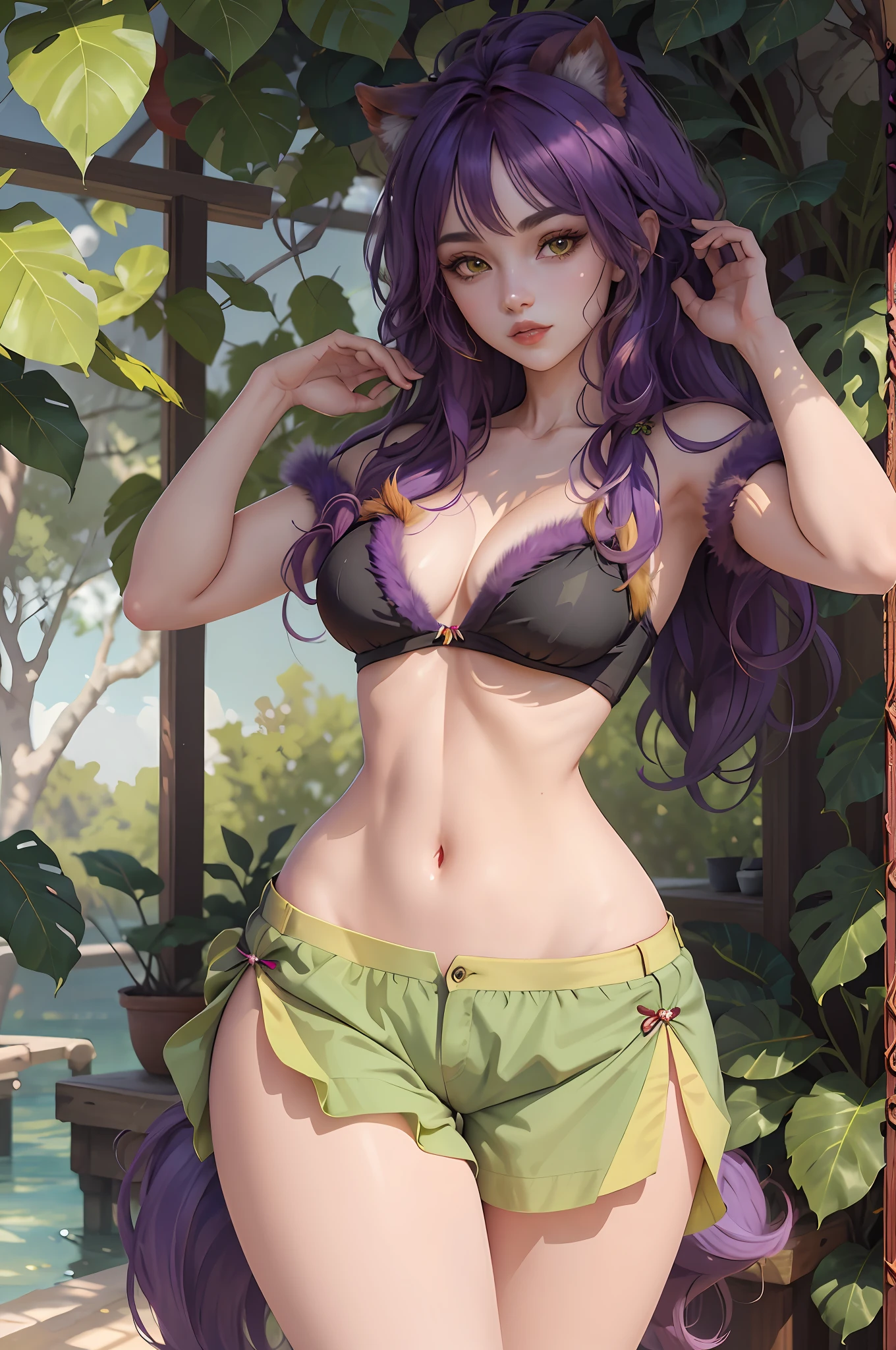 An ultra-detailed and stunningly beautiful CG illustration depicting an exotic girl with sweet purple hair, sharp green eyes, red nose and a rosy face standing tall in shorts. Gorgeous green fur and yellow dot the belly, tail and fur, this animal-like beauty exudes sensuality in every pose.