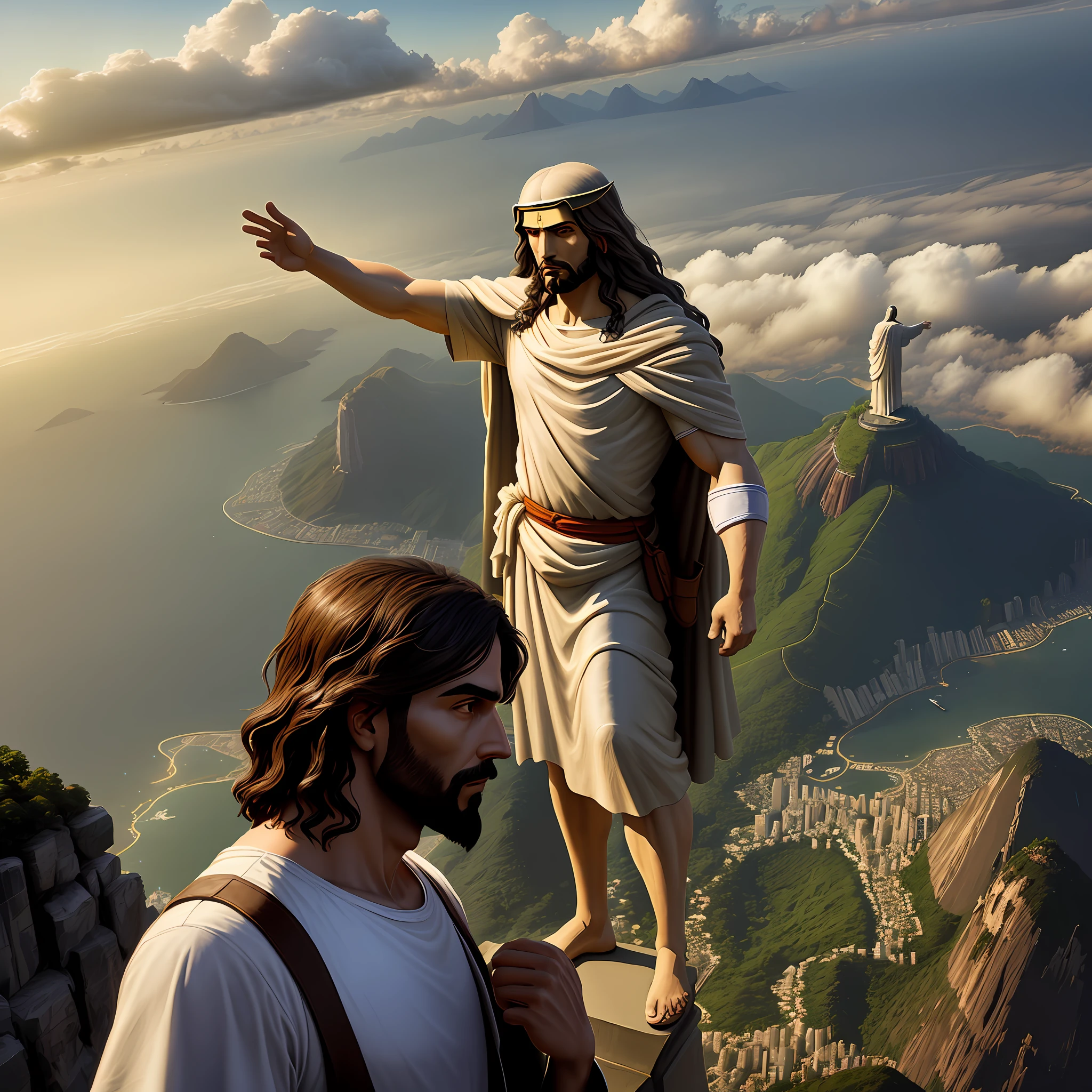 Create an image of the character jesus in front of Christ the Redeemer of Rio de Janeiro