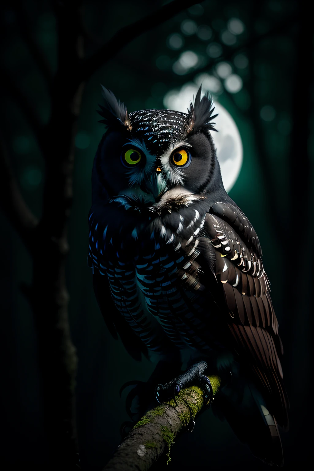 Style-NebMagic, award winning photo, A black bird owl sitting on a branch, feathers, evil, sinister, red eye, intricate, detailed feathers, forest background, wildlife photography, by lee jeffries nikon d850 film stock photograph 4 kodak portra 400 camera f1.6 lens rich colors hyper realistic lifelike texture dramatic lighting trending on artstation cinestill 800, Style-LostTemple, deep shadow, high contrast, dark, full moon