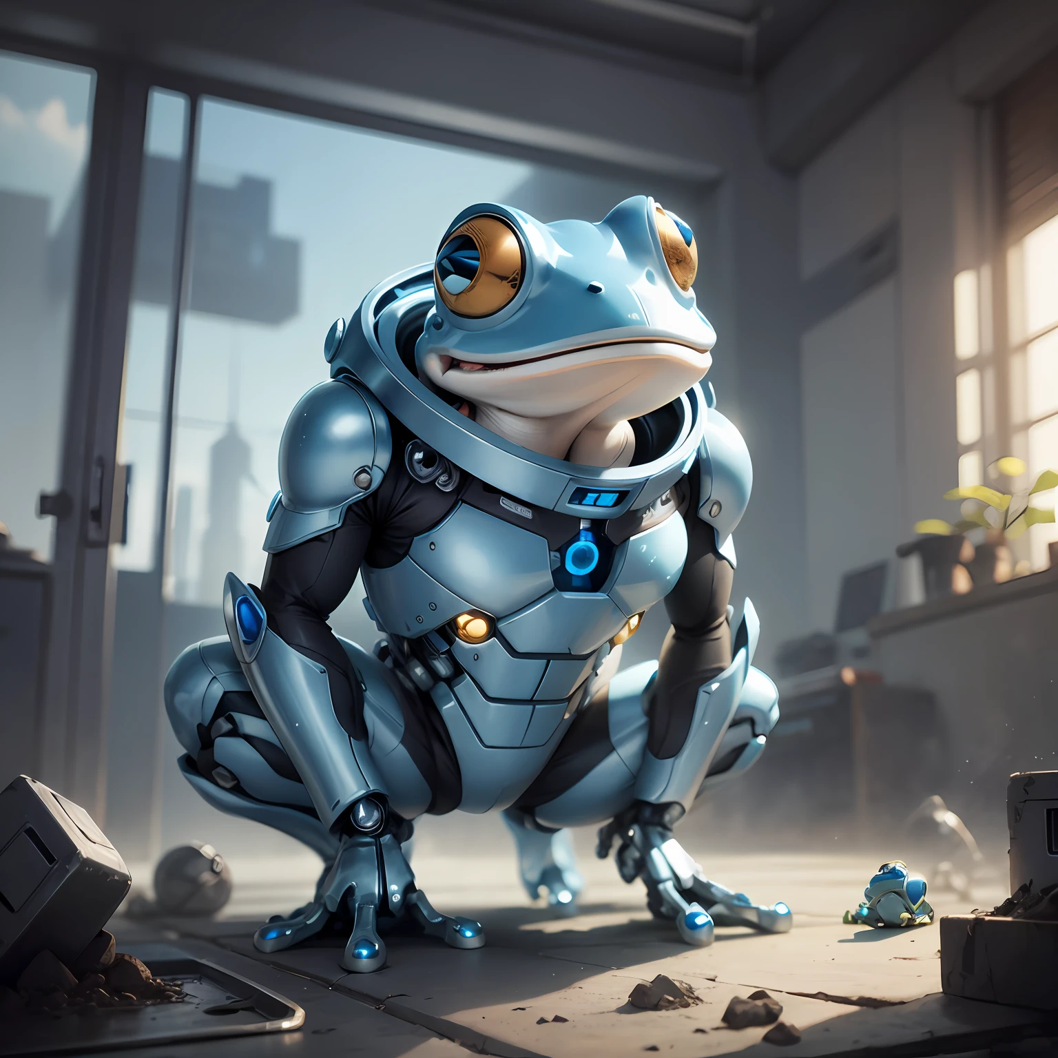 Cute blue and white frog made of metal, (cyborg: 0.1), (complex detail), HDR, (complex detail, super detail: 1.2), cinematic shot, vignette, drawn in the middle of the screen, mouth grinning very evilly --auto --s2