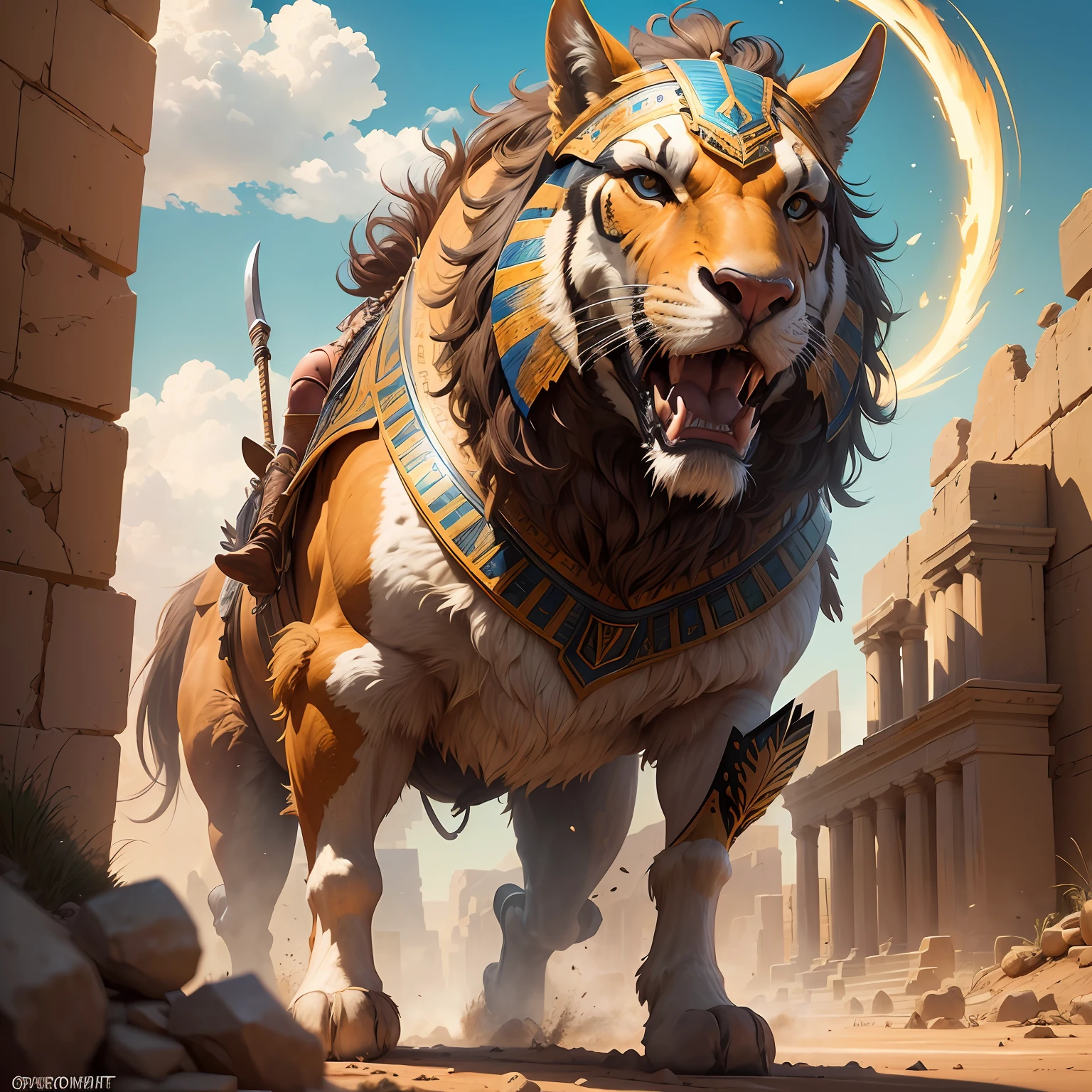 ((best quality)) , ((masterpiece)) , (((realistic)) , an Egyptian warrior fighting fiercely in front of ancient ruins amid the scorching desert in the bright sunlight. The artwork shows an anime-style illustration using earth tones, depicting the warrior in intricate detail. The digital painting exudes high definition, bringing the scene to life with vibrant colors and dynamic action. The overall composition and attention to detail make it a scenic masterpiece. --auto --s2