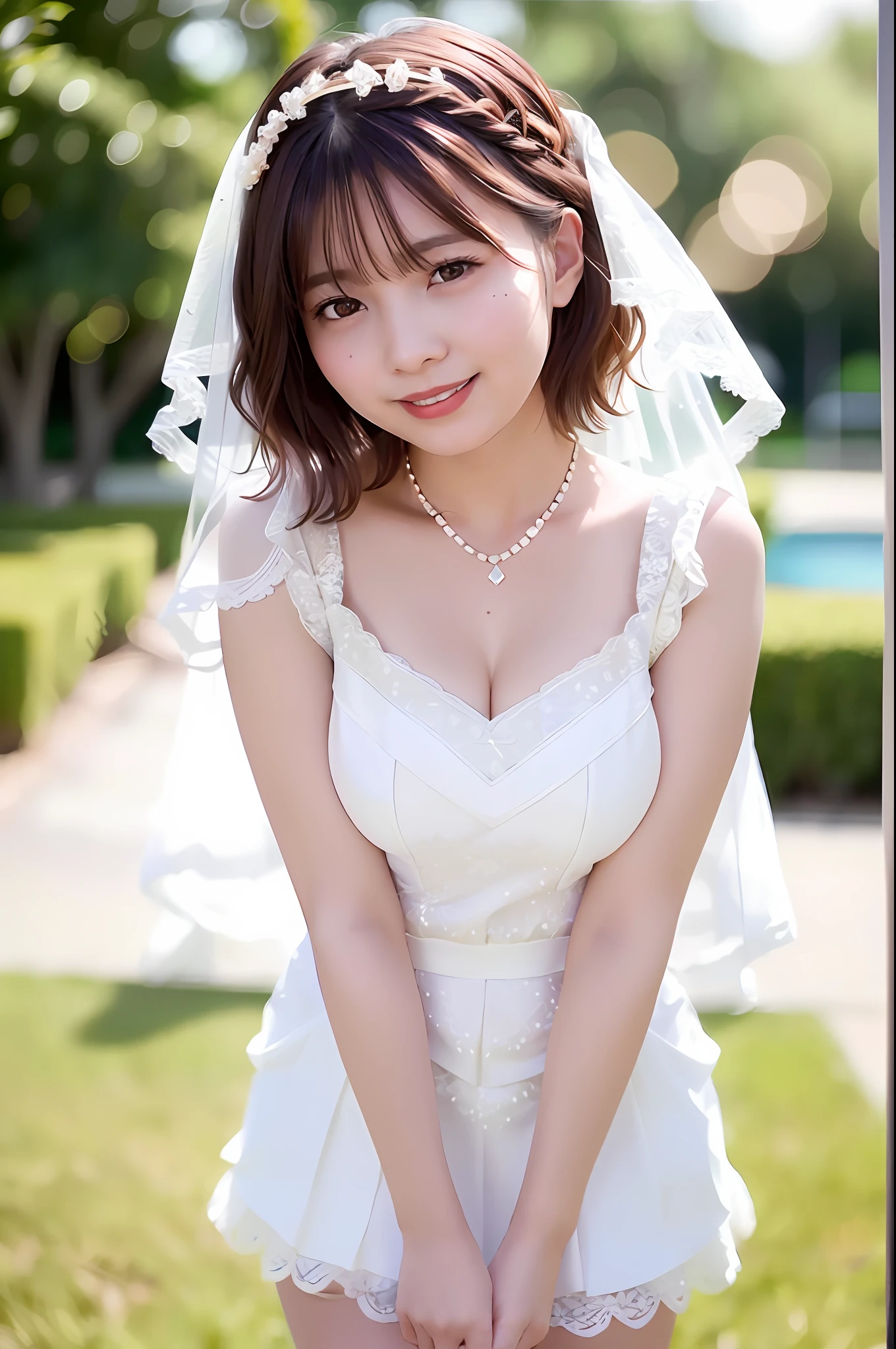 Realistic, Best Quality, Photorealistic, Masterpiece, 8K, High Definition, Solo,1 Female, 25 Years Old, ((((Female)))), Very Detailed Face, (Skin Spots:1.2), (Skin Dentelation), Black Eyes, ((Viewers Watch:1)), (Look at Camera), (Portrait: 0.6), (White lace prom dress)))), (A-line), gorgeous, Miniskirt, Intricate lace decorations, necklaces, luxurious tiaras, thighs, garter stockings, ((large breasts: 2.5)), (plump body), (short hair), brown hair, floating hair, braided hair, hair ornaments, veil with transparent tips, lips, lipstick, eyelashes, moles, (moles under eyes: 1), seductive smile, open_mouth, teeth, fashionable and trendy atmosphere, (professional lighting , Bokeh), (Light particles, Lens flare, Luminous particles: 0.6), (Dynamic pose: 1.3), Soft lighting, Garden Wedding, (Daytime), Sky,