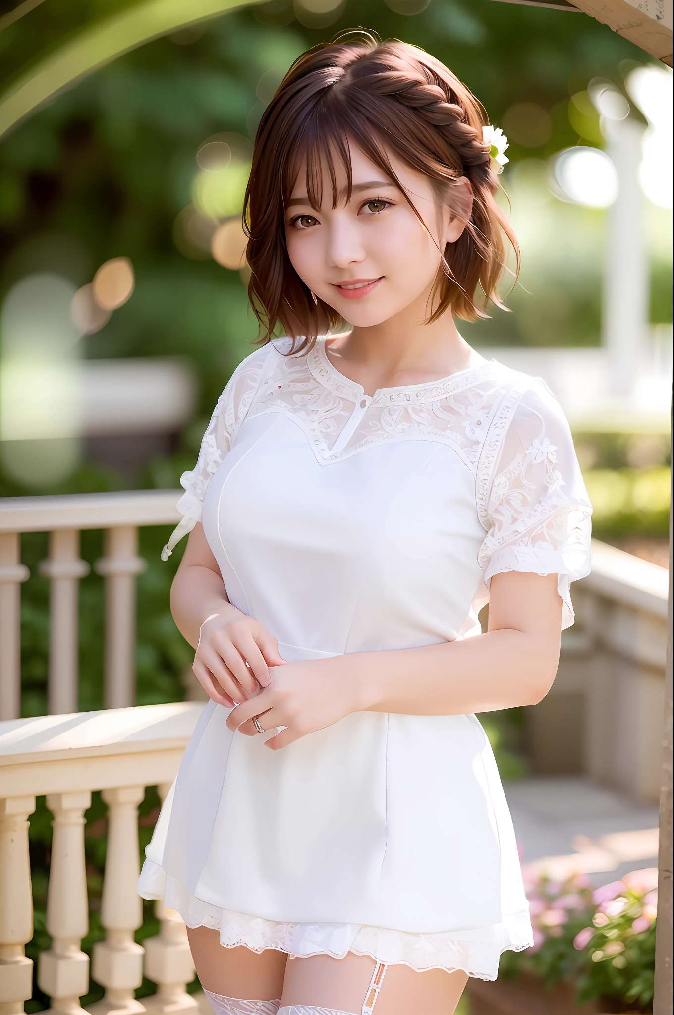 Realistic, Best Quality, Photorealistic, Masterpiece, 8K, High Definition, Solo,1 Female, 25 Years Old, ((((Female)))), Very Detailed Face, (Skin Spots:1.2), (Skin Dentelation), Black Eyes, ((Viewers Watch:1)), (Look at Camera), (Portrait: 0.6), (White lace prom dress)))), (A-line), gorgeous, Miniskirt, Intricate lace decorations, necklaces, luxurious tiaras, thighs, garter stockings, ((large breasts: 2.5)), (plump body), (short hair), brown hair, floating hair, braided hair, hair ornaments, veil with transparent tips, lips, lipstick, eyelashes, moles, (moles under eyes: 1), seductive smile, open_mouth, teeth, fashionable and trendy atmosphere, (professional lighting , Bokeh), (Light particles, Lens flare, Luminous particles: 0.6), (Dynamic pose: 1.3), Soft lighting, Garden Wedding, (Daytime), Sky,