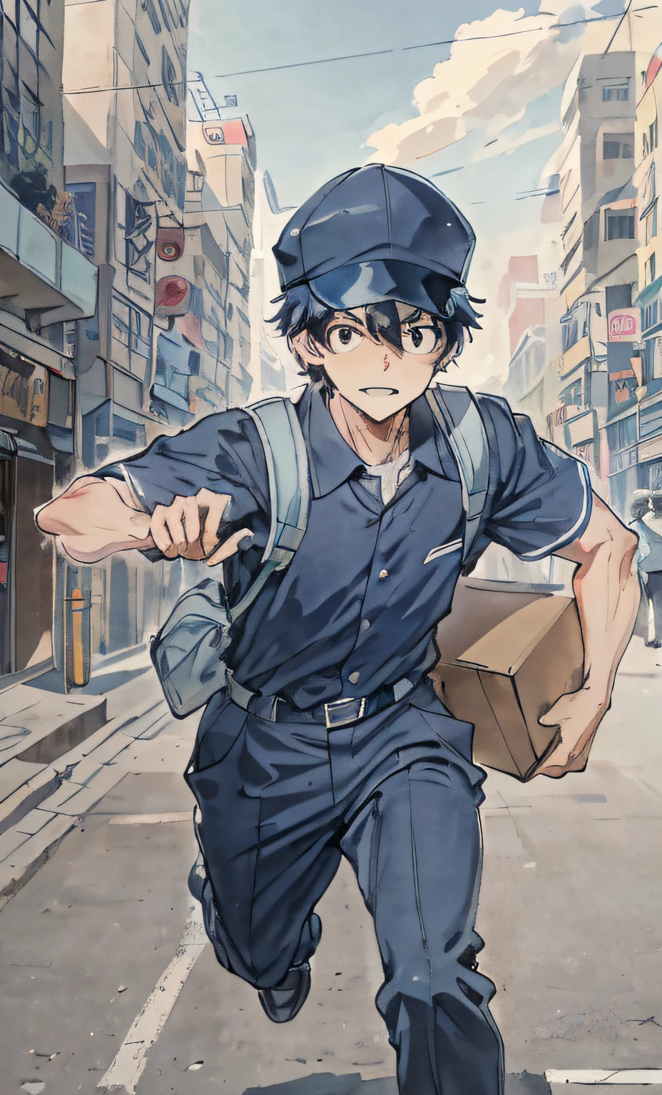 young man delivering a package, light blue deliveryman uniform with collared shirt, backpack, navy blue baseball cap, holding cardboard box, outdoors, urban environment, dodging pedestrians on crowded busy street, running, (determined expression), urgency