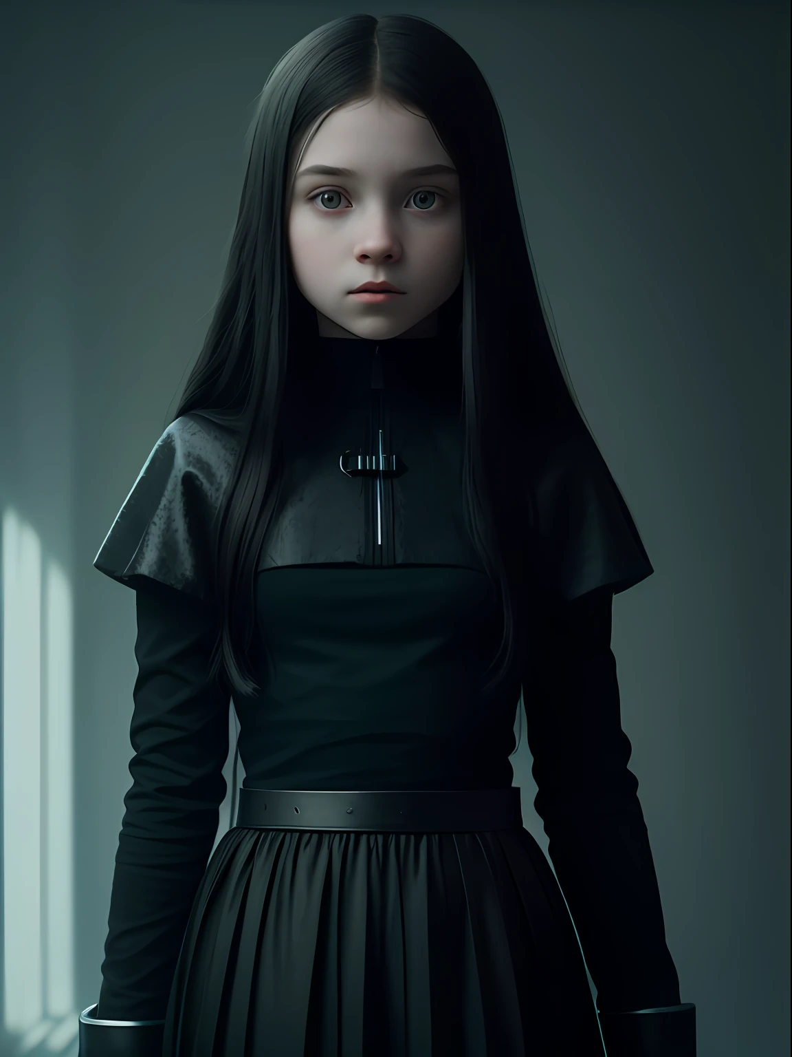 A pre teen 13 years old girl with pale skin and long, straight black hair. large and dark eyes , with an intense and enigmatic expression. wearing the orphan movie clothe style, with a more elegant and sophisticated touch, something that matches her mysterious and strong personality. Overall, her appearance would be striking, attracting curious and intrigued looks. flat chested, cinematic lighting, chromatic aberration, backlighting, masterpiece, high details, high quality, 4K.