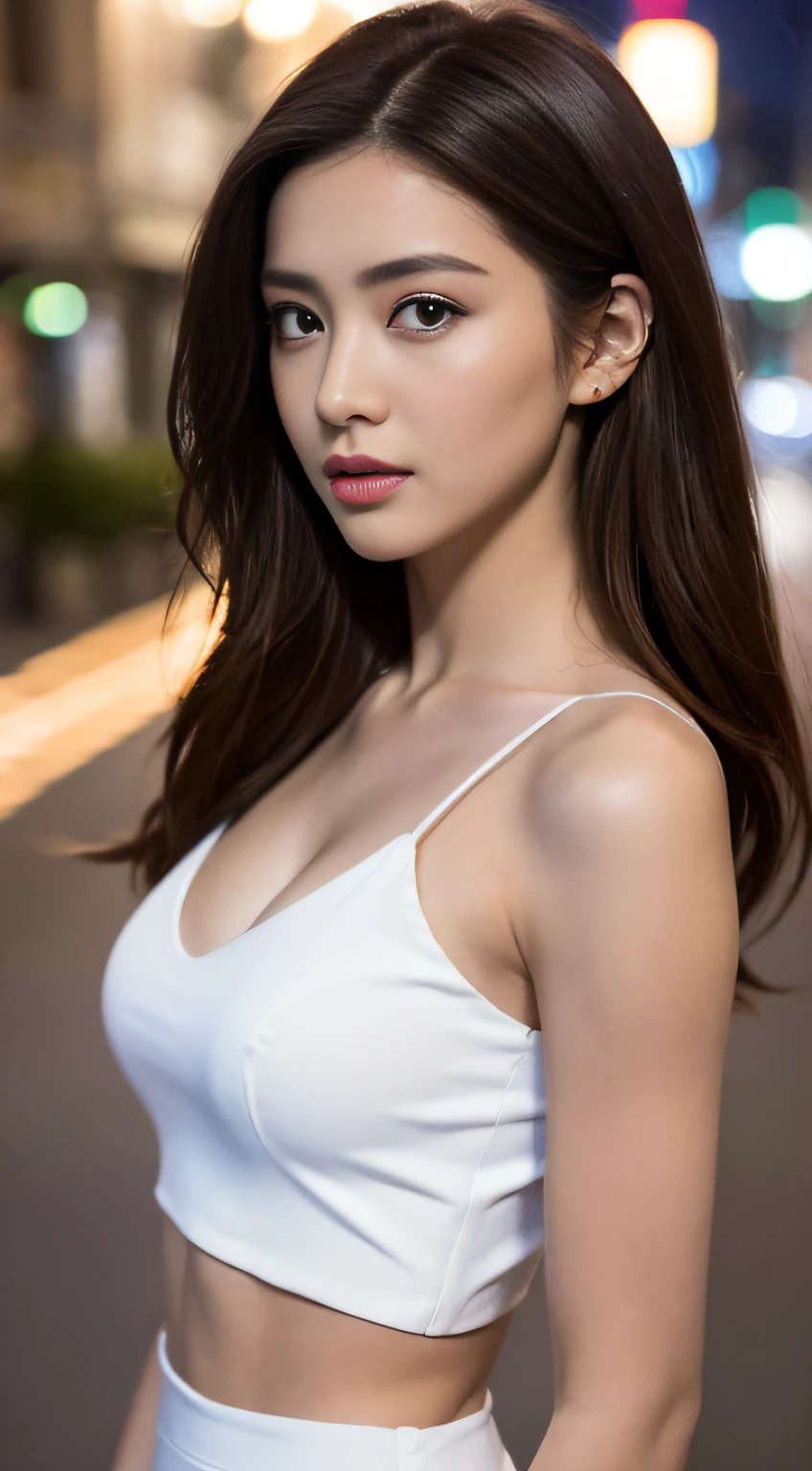 ((Realistic lighting, Best quality, 8K, Masterpiece: 1.3)), Focus: 1.2, 1girl, Perfect Figure: 1.4, Slim Abs: 1.1, ((Dark brown hair)), (White dress: 1.4), (Outdoor, Night: 1.1), City streets, Super fine face, Fine eyes, Double eyelids,