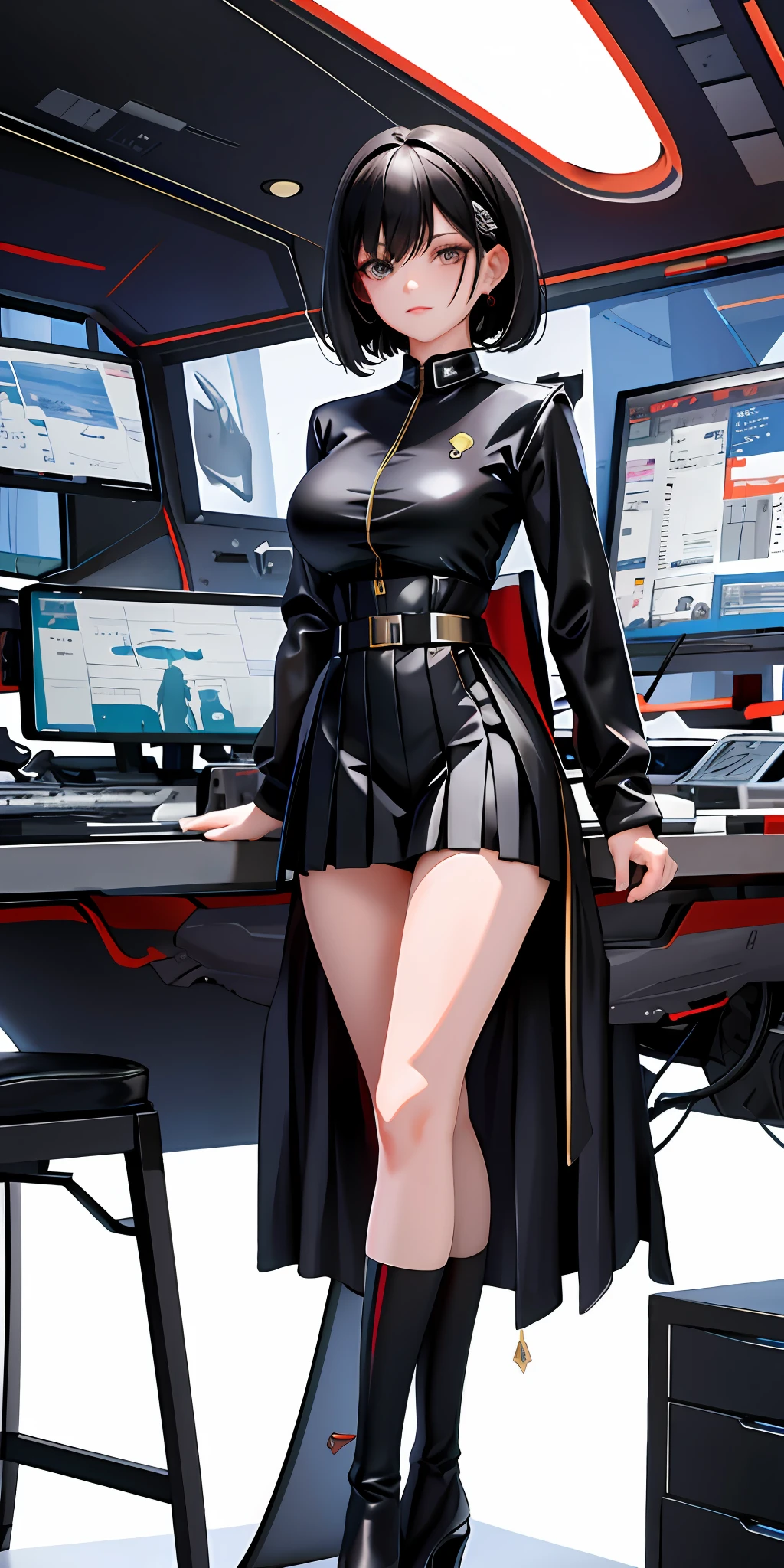 (highest resolution, distinct_image), best quality, masterpiece, very detailed, semi-realistic, woman with short black hair, mature woman, triple bangs, black uniform, black pleated skirt, military uniform, spaceship space, control room, commander