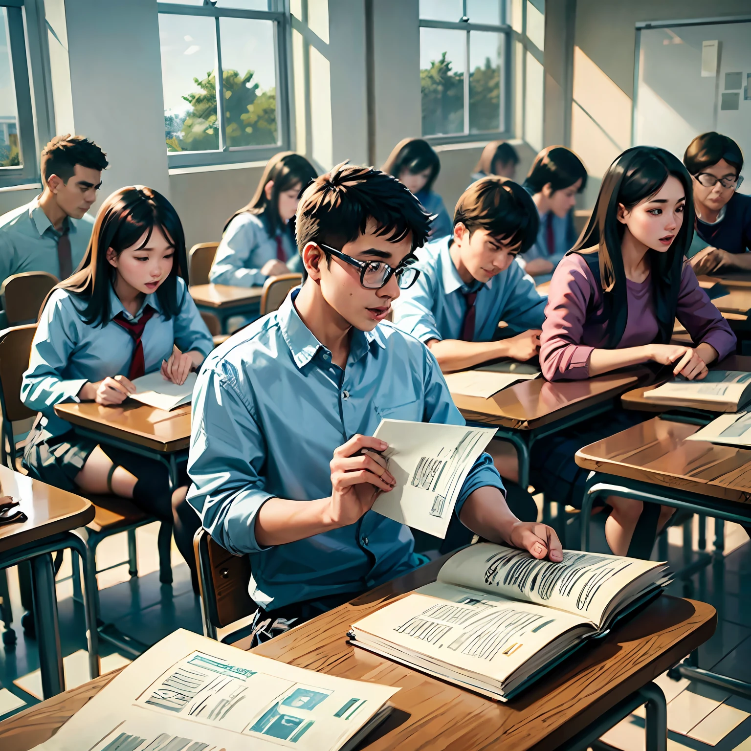 Students take exams in the classroom, overlook, sunshine, college entrance examination, 4K, high quality --auto --s2