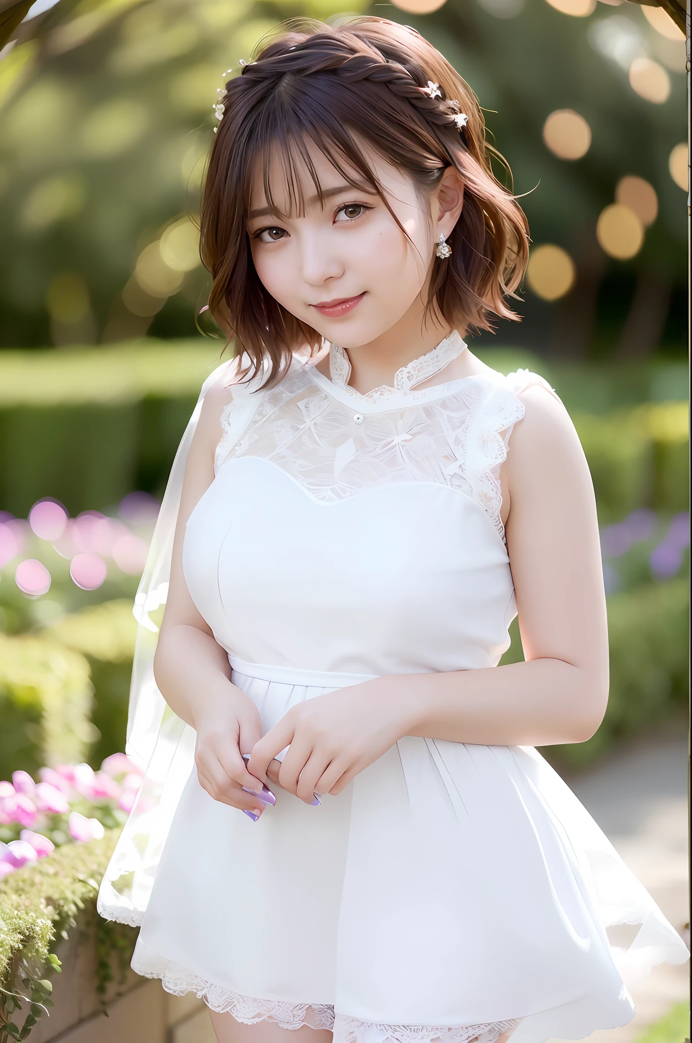 Realistic, Best Quality, Photorealistic, Masterpiece, 8K, High Definition, Solo,1 Female, 25 Years Old, (Female)))), Highly Detailed Face, (Skin Spots:1.2), (Skin Dentation), Black Eyes, ((Viewers Watch:1)), (Look at Camera), (Portrait: 0.6), (White lace prom dress))), (A-line), Sleeveless, Gorgeous, miniskirt, necklace, luxurious tiara, thighs, garter stockings, ((big breasts: 5.5)), (plump body), (short hair), brown hair, floating hair, braided hair, hair ornament, veil with transparent tips, lips, lipstick, eyelashes, moles, (moles under the eyes: 1), seductive smile, open_mouth, teeth, fashionable and trendy atmosphere, (professional lighting, Bokeh, (Light particles, Lens flare, Luminous particles: 0.6), (Dynamic Pause: 1.3), Soft lighting, Garden Wedding, (Daytime), Sky,