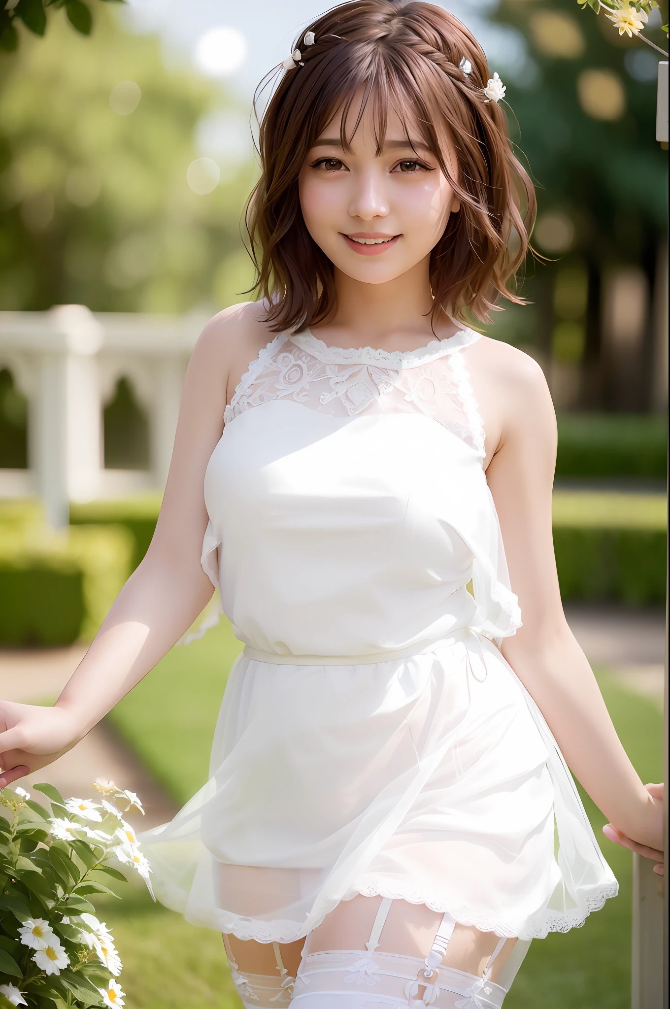 Realistic, Best Quality, Photorealistic, Masterpiece, 8K, High Definition, Solo,1 Female, 25 Years Old, (Female)))), Highly Detailed Face, (Skin Spots:1.2), (Skin Dentation), Black Eyes, ((Viewers Watch:1)), (Look at Camera), (Portrait: 0.6), (White lace prom dress))), (A-line), Sleeveless, Gorgeous, miniskirt, necklace, luxurious tiara, thighs, garter stockings, ((big breasts: 5.5)), (plump body), (short hair), brown hair, floating hair, braided hair, hair ornament, veil with transparent tips, lips, lipstick, eyelashes, moles, (moles under the eyes: 1), seductive smile, open_mouth, teeth, fashionable and trendy atmosphere, (professional lighting, Bokeh, (Light particles, Lens flare, Luminous particles: 0.6), (Dynamic Pause: 1.3), Soft lighting, Garden Wedding, (Daytime), Sky,