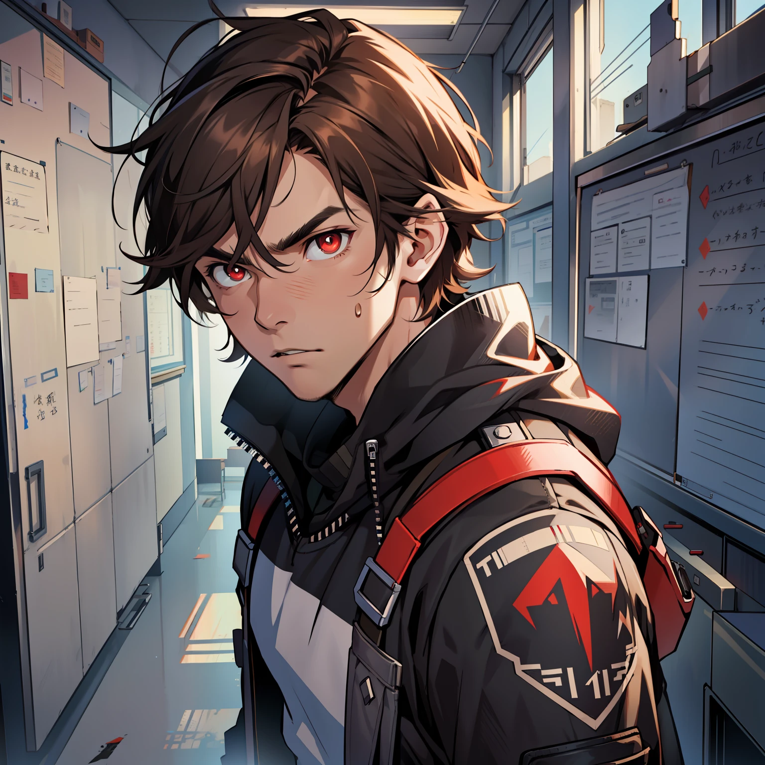 (Best quality: 1.0), (Ultra High Resolution: 1.0), (Masterpiece), Solo, (Apocalyptic Style), A Man, Young and Handsome, Short Brown Hair, Black Sweatshirt, (Red Pupils), Sharp Eyes, Fierce Expression, (Background in the classroom),