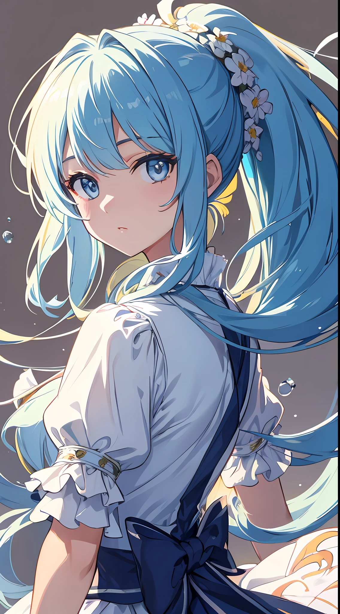 (masterpiece), (best quality), (ultra detailed),(disheveled hair),(illustration), (1girl), (Fashionable clothing), standing, Fashion model, looking at viewer, (interview), (simple background),beautiful detailed eyes, delicate beautiful face, Floating,(high saturation),(colorful splashes),colorful bubble,(shining), focus on face,  ponytail, kamisato ayaka, light blue hair, bangs, hair ring, floating flowers, floating hairs, (shining), best lighting, best shadow,