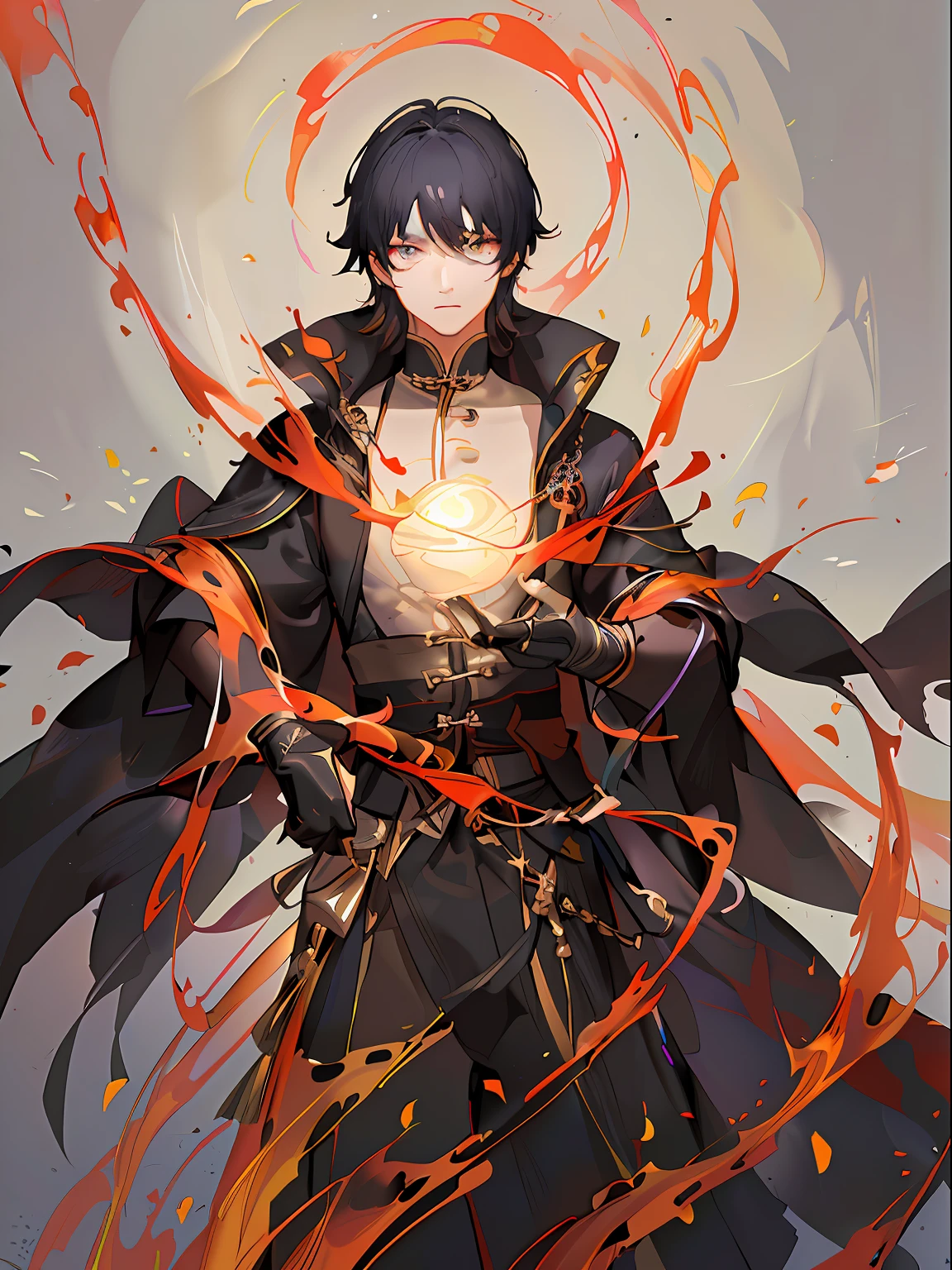 Master, Masterpiece, Super Detail, 8K Quality, 1 Man, 18 years old, black hair, blond eyes, Taoist robes, bright colors, strong contrast, cool gradient, dark magic, fantasy, gorgeous, mood lighting, volumetric light,