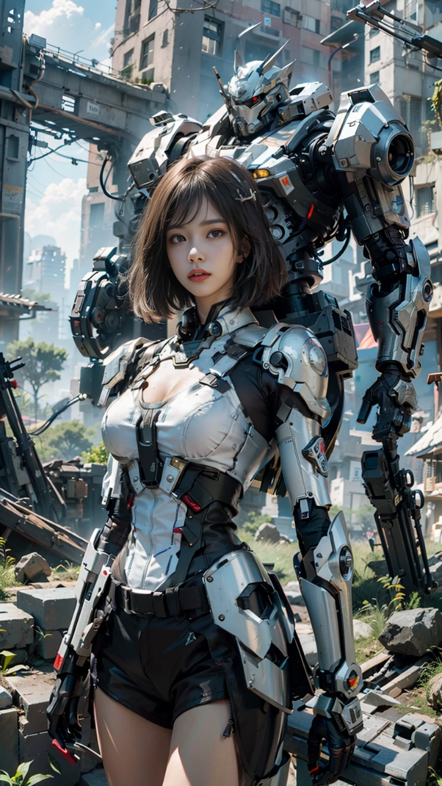 ((Best quality)), ((masterpiece)), (highly detailed:1.3), 3D,Shitu-mecha, beautiful cyberpunk women with her mecha in the ruins of city from a forgoten war, ancient technology,HDR (High Dynamic Range),Ray Tracing,NVIDIA RTX,Super-Resolution,Unreal 5,Subsurface scattering,PBR Texturing,Post-processing,Anisotropic Filtering,Depth-of-field,Maximum clarity and sharpness,Multi-layered textures,Albedo and Specular maps,Surface shading,Accurate simulation of light-material interaction,Perfect proportions,Octane Render,Two-tone lighting,Low ISO,White balance,Rule of thirds,Wide aperature,8K RAW,Efficient Sub-Pixel,sub-pixel convolution,luminescent particles,light scattering,Tyndall effect