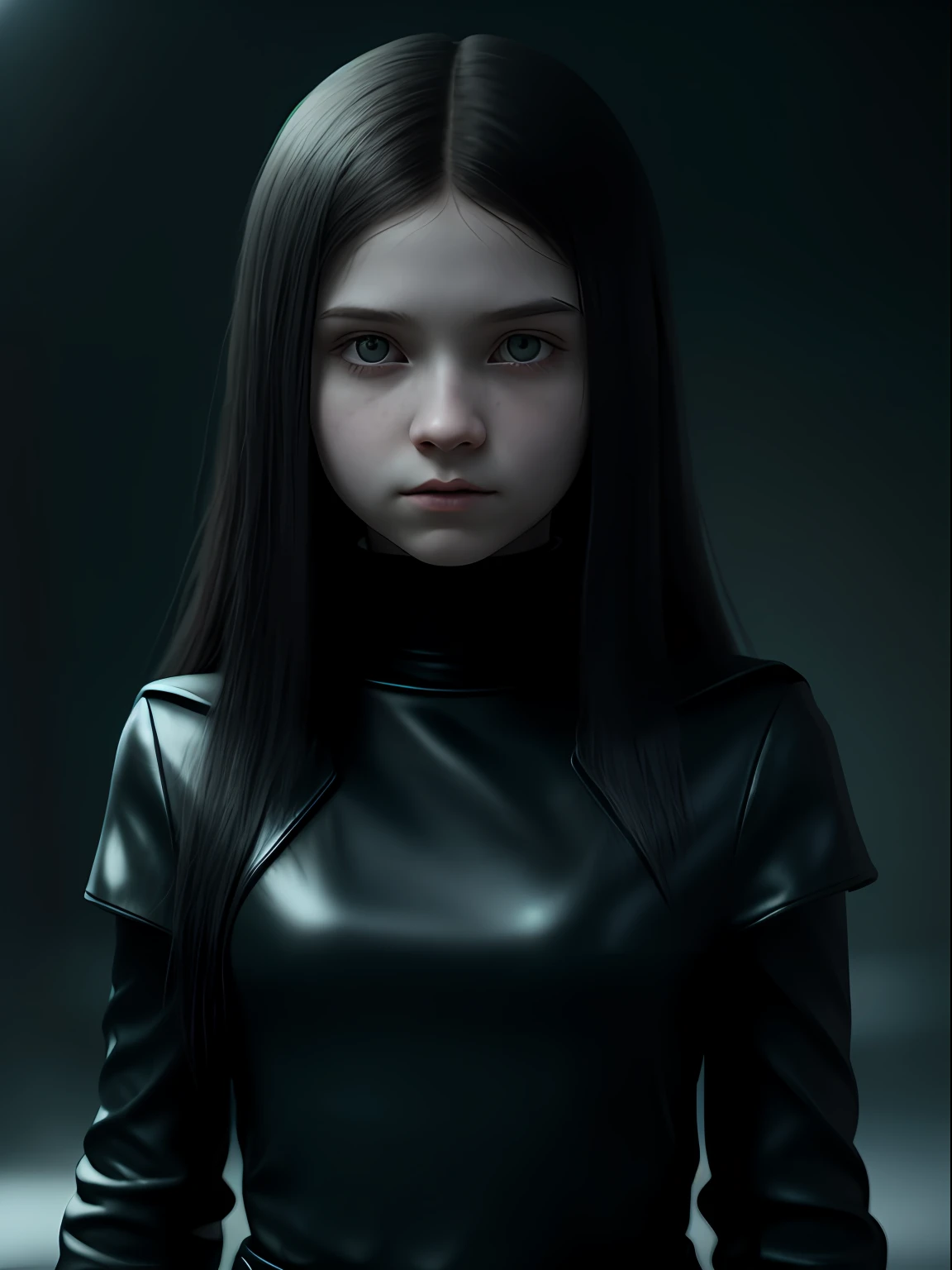 A pre teen 13 years old girl with pale skin and long, straight black hair. large and dark eyes , with an intense and enigmatic expression. wearing the orphan movie clothe style, with a more elegant and sophisticated touch, something that matches her mysterious and strong personality. Overall, her appearance would be striking, attracting curious and intrigued looks. flat chested, cinematic lighting, chromatic aberration, backlighting, masterpiece, high details, high quality, 4K.