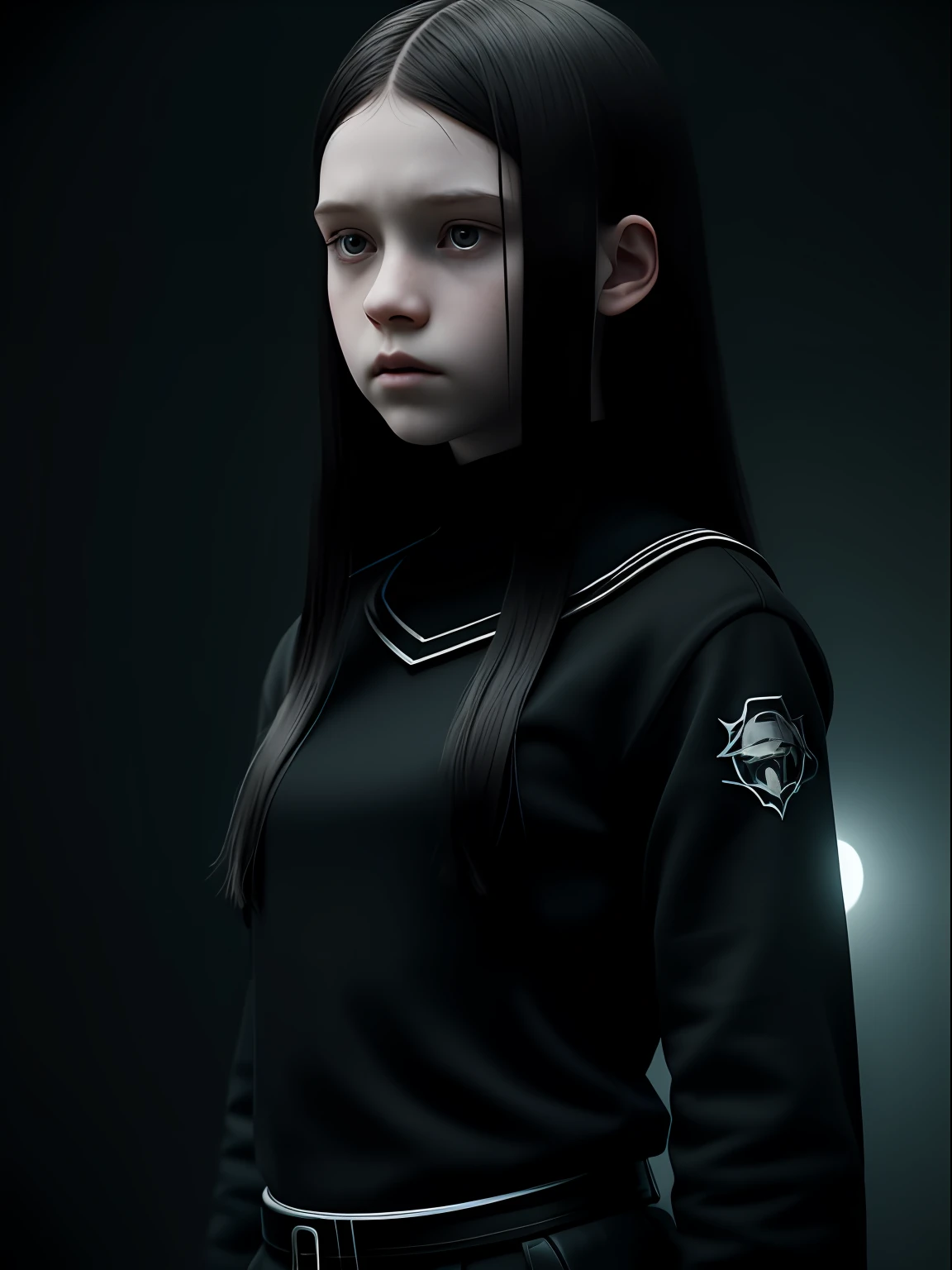 A pre teen 13 years old girl with pale skin and long, straight black hair. large and dark eyes , with an intense and enigmatic expression. wearing the orphan movie clothe style, with a more elegant and sophisticated touch, something that matches her mysterious and strong personality. Overall, her appearance would be striking, attracting curious and intrigued looks. flat chested, cinematic lighting, chromatic aberration, backlighting, masterpiece, high details, high quality, 4K.