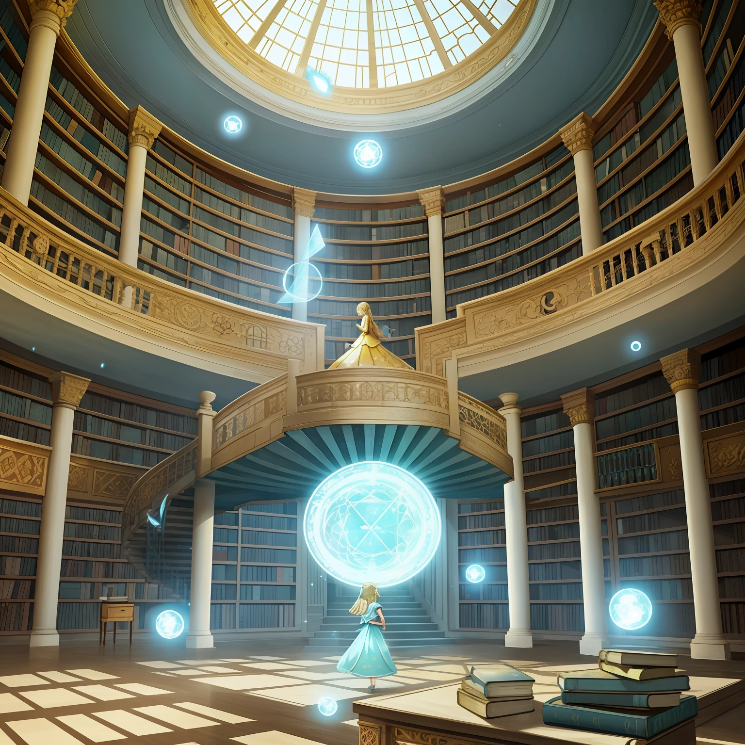 Abandoned library, ancient knowledge, lonely, long staircase on the corner, magical particles floating, a blonde girl in a light blue princess dress in the distance, reading a book of magic with the golden cover