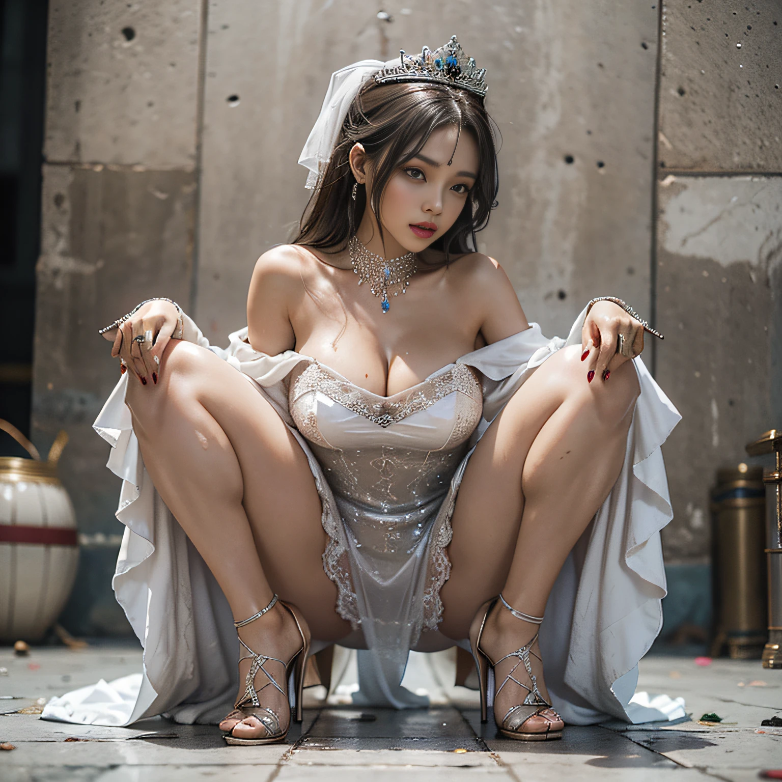 Beggar princess, slum, tile bowl everywhere, dirty, humiliating, wet, half-squat, begging, royal diamond jewelry, princess crown, luxurious light evening dress, one-shoulder dress, French stiletto heels, stiletto heels, big breasts, white skin, 8k,