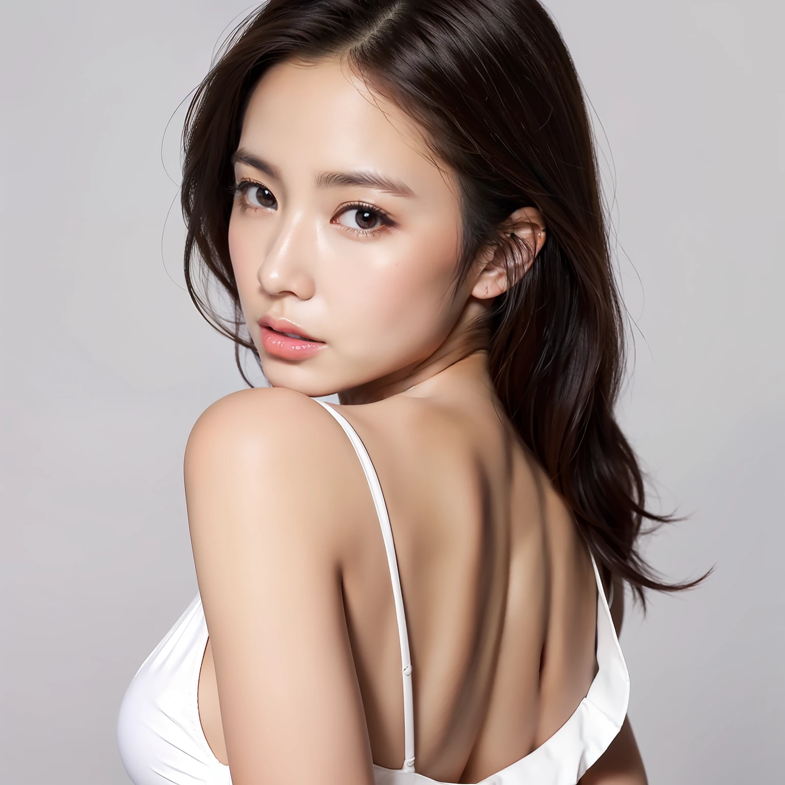 a most beautiful girl, full-length photo, White sleeveless shirt of thin cloth, Seductive expression, breasts squeezed together, Slightly larger breasts, puffy niples, Lips that look like they are kissing, soft lips, long hair, looking at viewer, parted lips, brown eyes, simple background, solo, black hair,(shiny skin),(masterpiece:1.4),(best quality:1.4), Cinematic lighting,