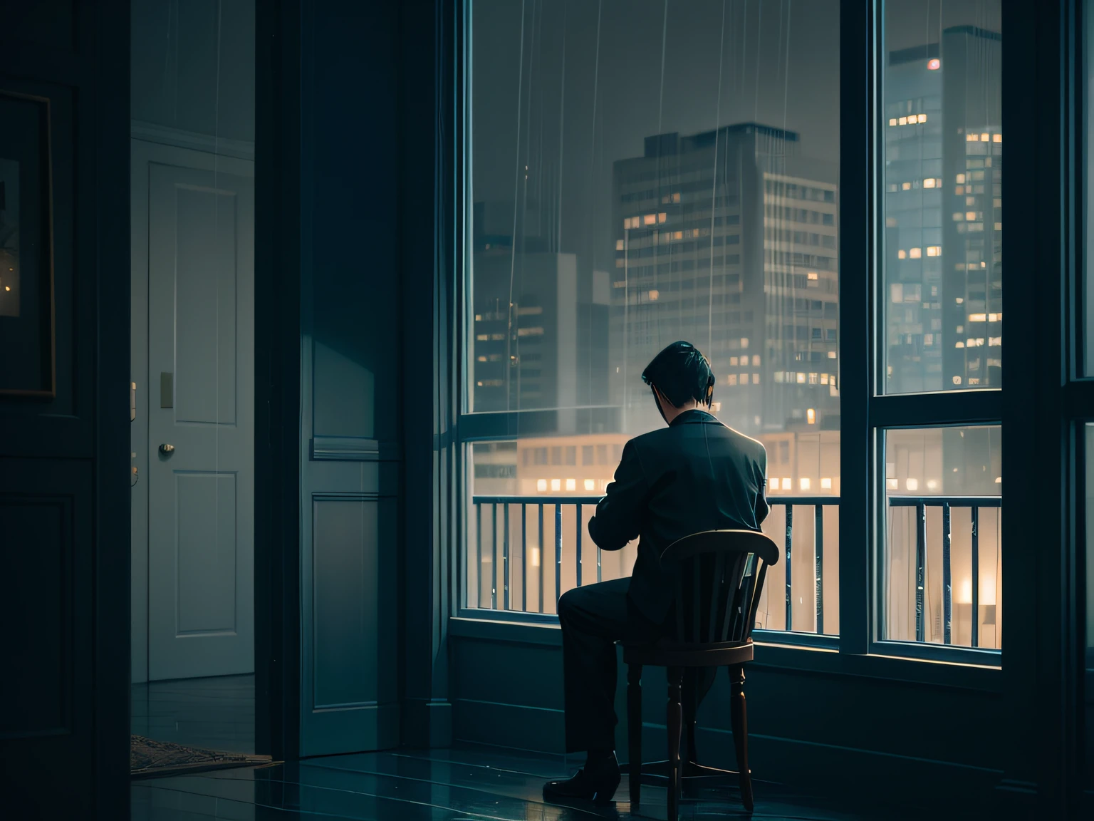 Create a melancholic scene inspired by the works of Edward Hopper. Depict an isolated figure sitting by a dimly lit window, gazing out at a rainy cityscape. The muted color palette and somber lighting should evoke a feeling of introspection and loneliness.