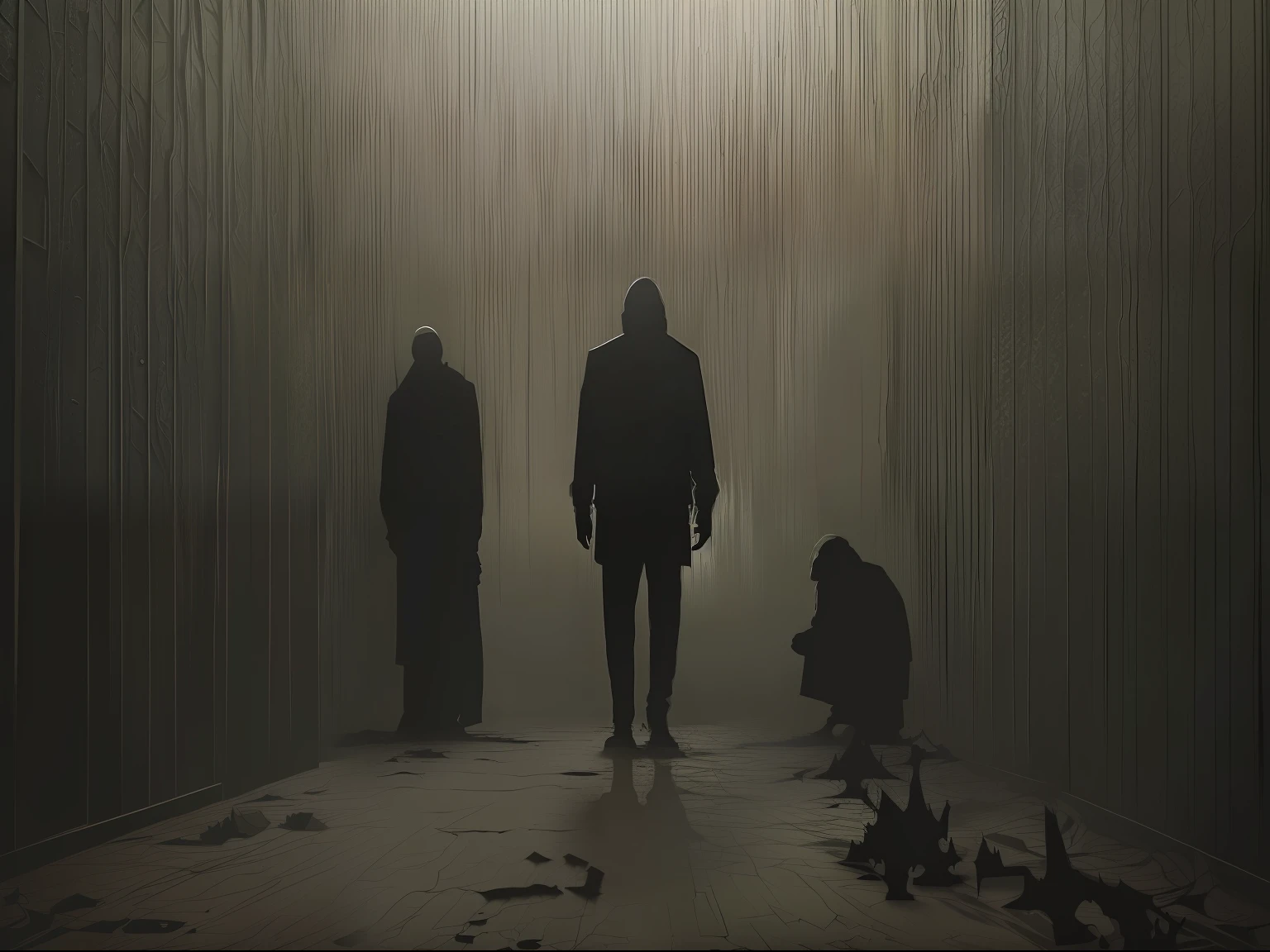 Take inspiration from the horror game "Silent Hill" and combine it with the eerie, distorted style of Francis Bacon's paintings. Convey a sense of unease and dread by portraying a desolate, decaying environment with grotesque and distorted figures. Incorporate dim lighting, dramatic shadows, and unsettling textures to intensify the feeling of fear.