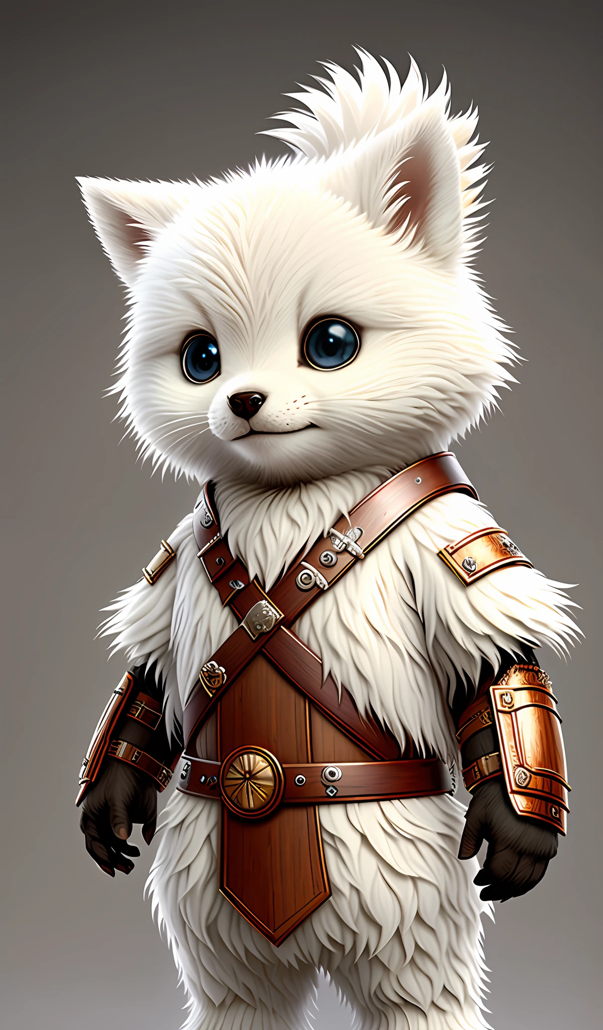 Cute creature, white fur, high detailed, 8k, wearing wooden armor