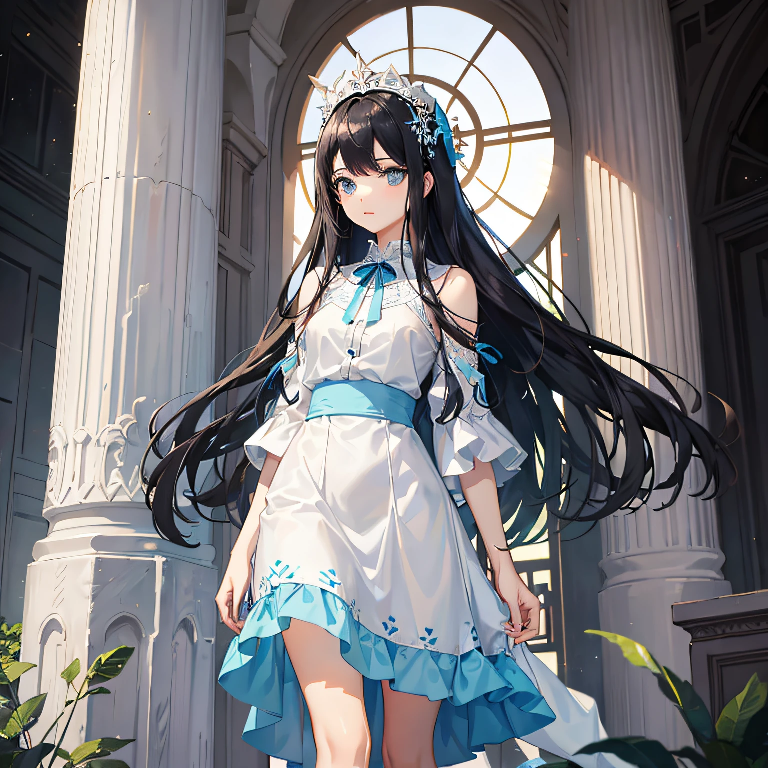 A beautiful girl, wearing a light blue long skirt, white skin and beautiful long legs, black hair, small and delicate accessories,