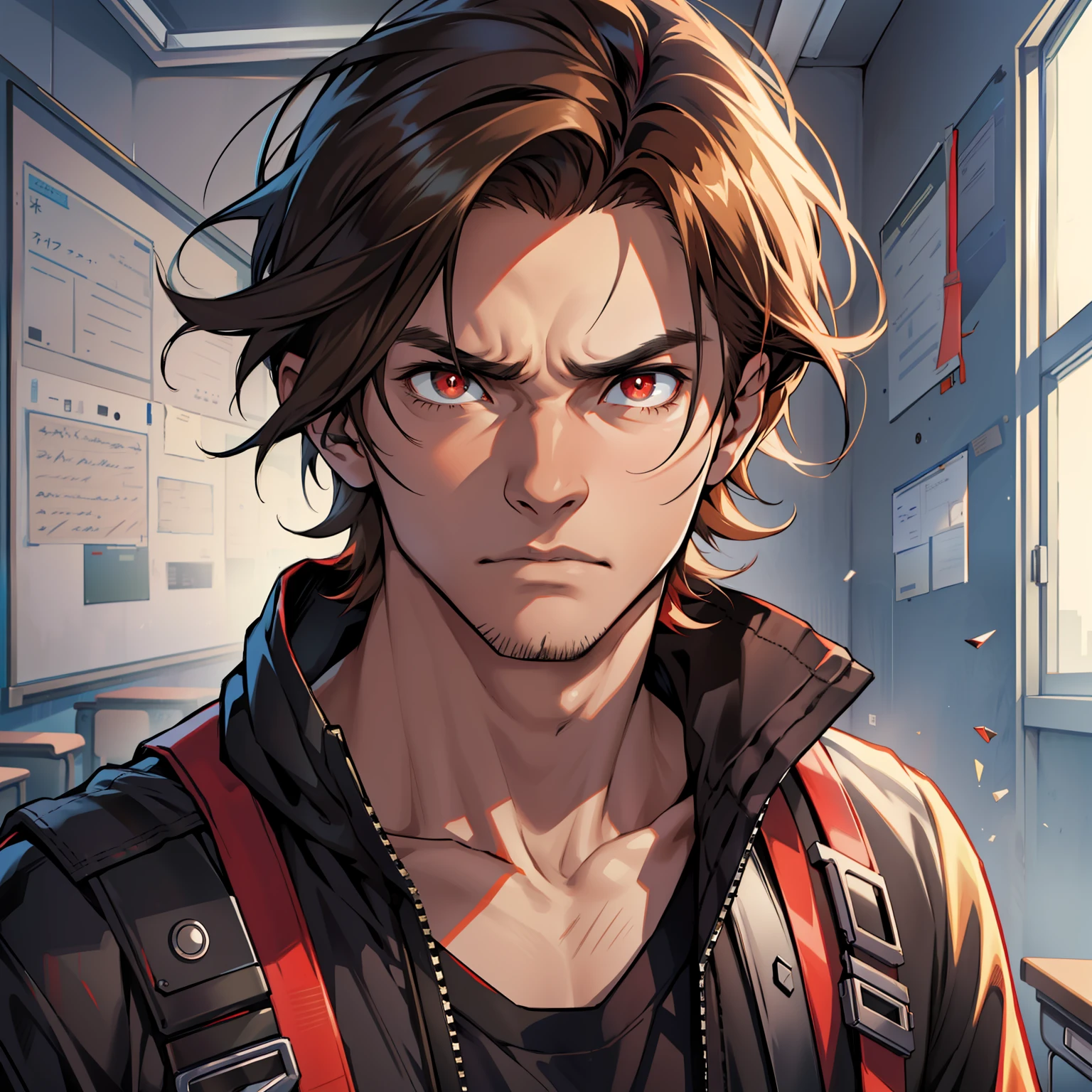 (Best quality: 1.0), (Ultra High Resolution: 1.0), (Masterpiece), Solo, (Apocalyptic Style), A Man, Young and Handsome, Short Brown Hair, Black Sweatshirt, (Red Pupils), Sharp Eyes, Fierce Expression, (Background in the classroom),