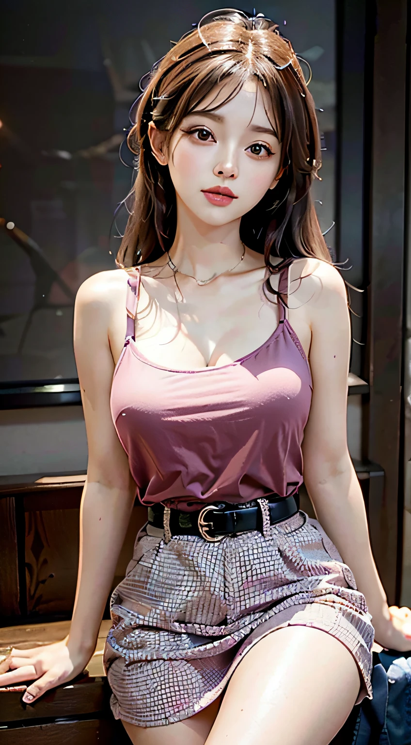 Best quality, masterpiece, super high resolution, (fidelity: 1.4), original photo, 1girl, mature, pink top, cinematic lighting